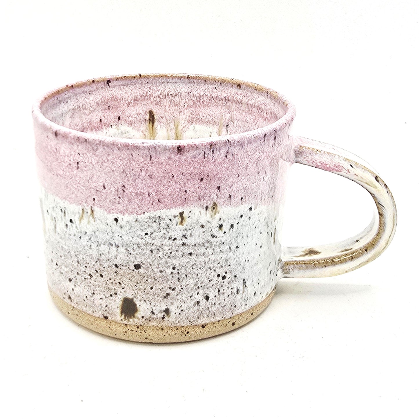 Handmade Ceramic Short 8oz Tea / Coffee Mug. Cream & Pink Speckle Glaze. Toasty Stoneware Pottery.