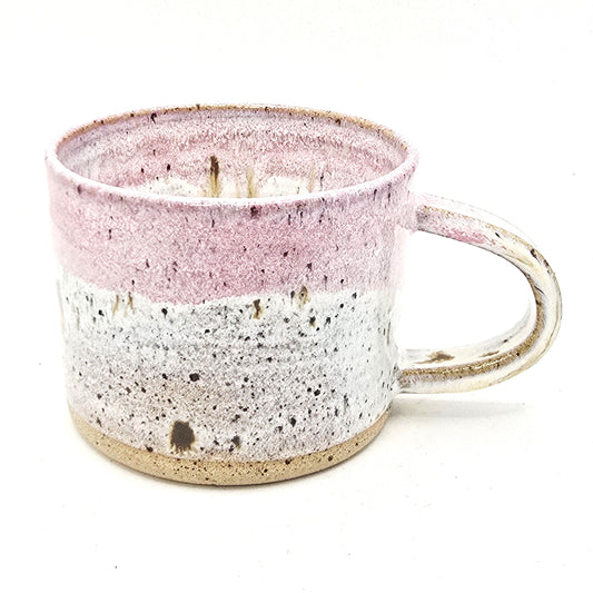 Handmade Ceramic Short 8oz Tea / Coffee Mug. Cream & Pink Speckle Glaze. Toasty Stoneware Pottery.
