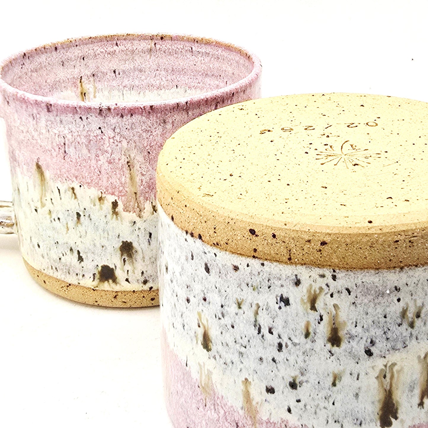 Handmade Ceramic Short 8oz Tea / Coffee Mug. Cream & Pink Speckle Glaze. Toasty Stoneware Pottery.