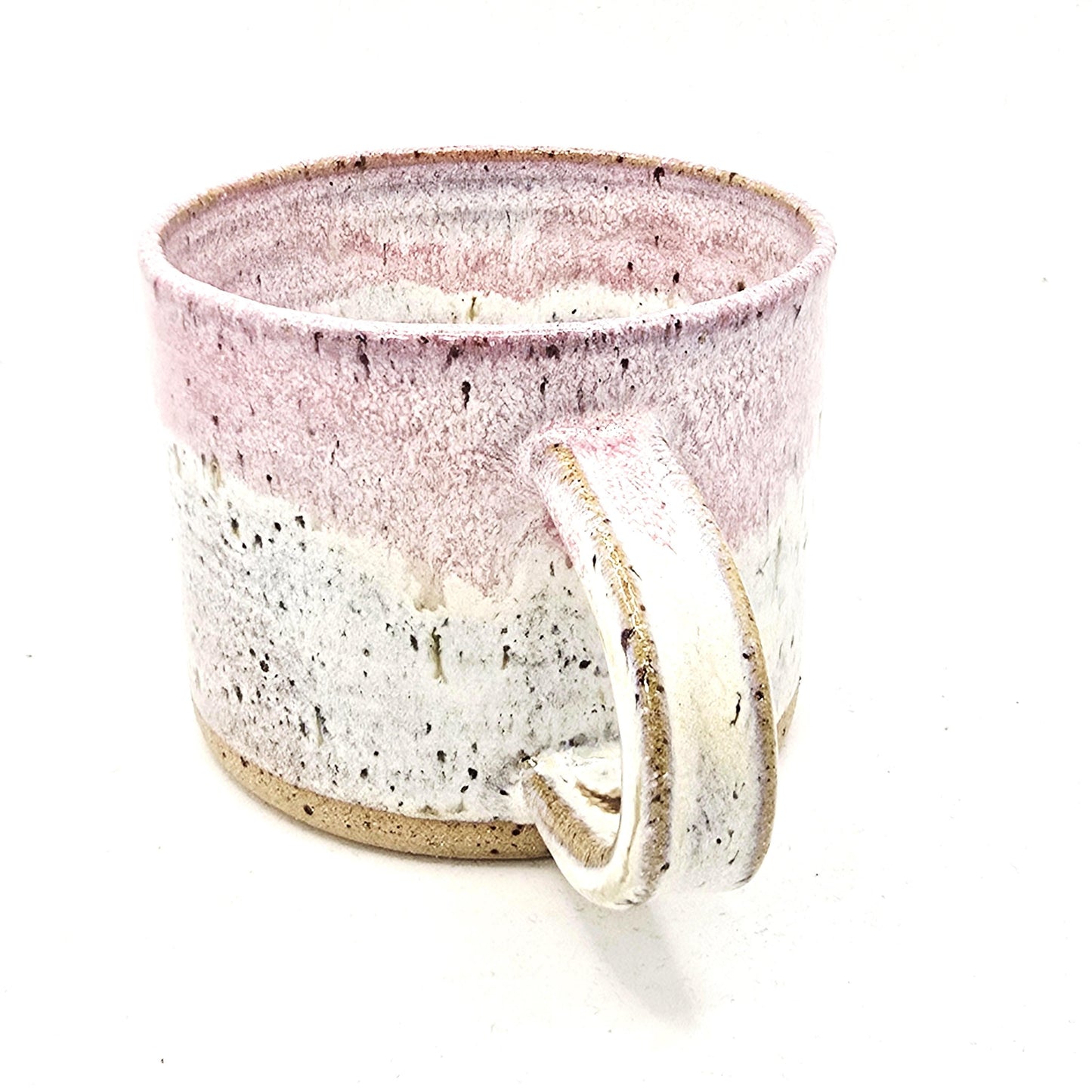 Handmade Ceramic Short 8oz Tea / Coffee Mug. Cream & Pink Speckle Glaze. Toasty Stoneware Pottery.