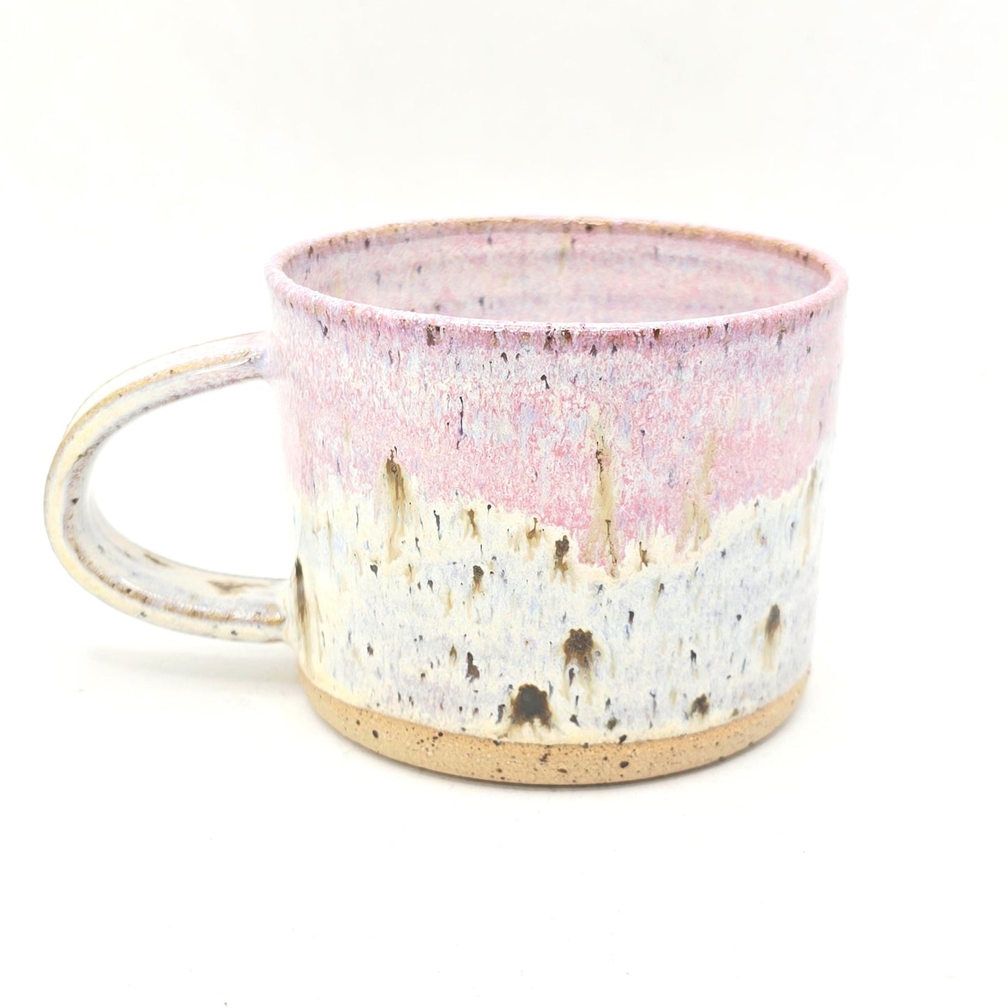 Handmade Ceramic Short 8oz Tea / Coffee Mug. Cream & Pink Speckle Glaze. Toasty Stoneware Pottery.