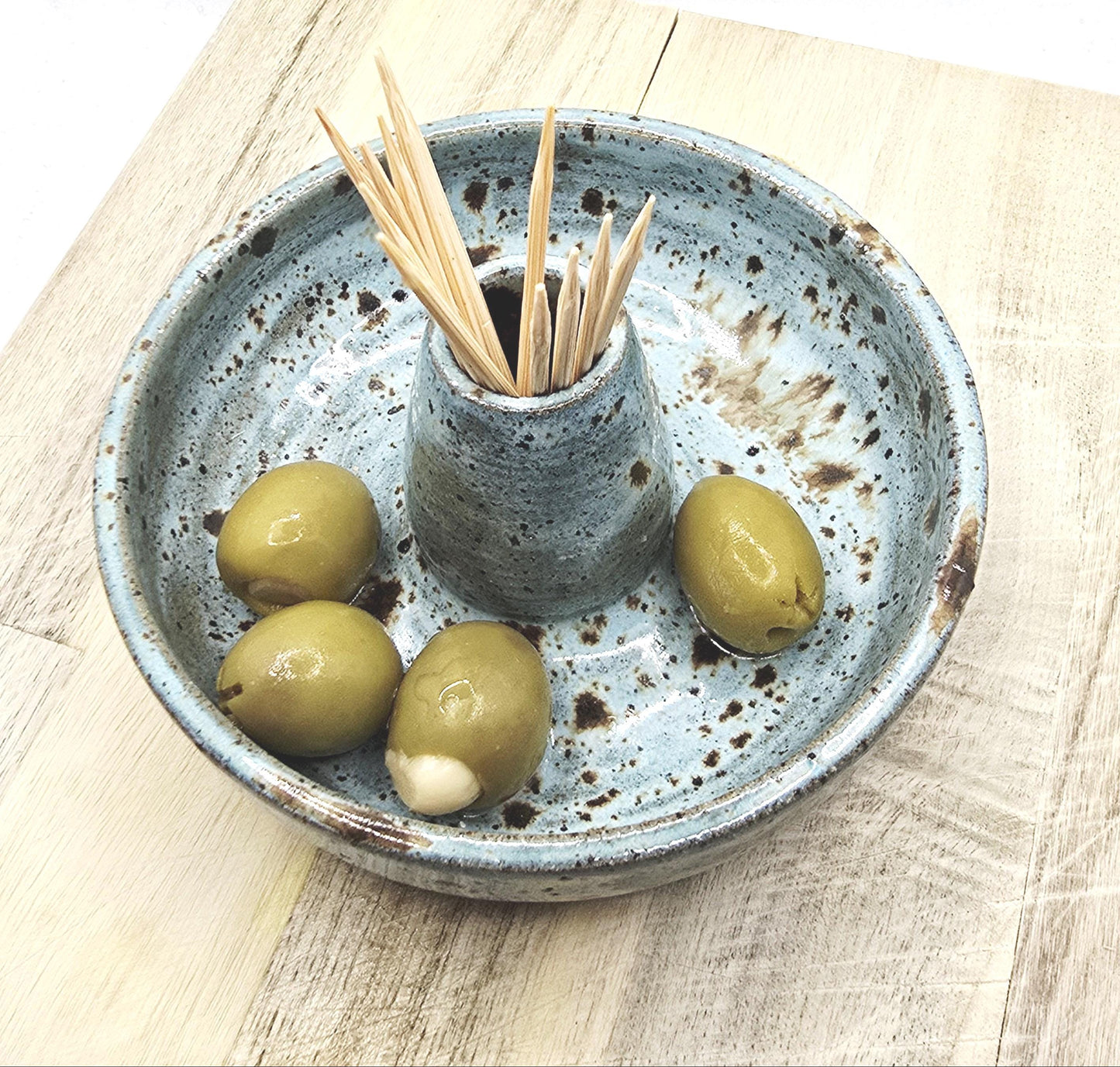 Handmade Ceramic Single Serving Olive Dish / Bowl -  Speckled Blue Glaze, Toasty Stoneware Pottery