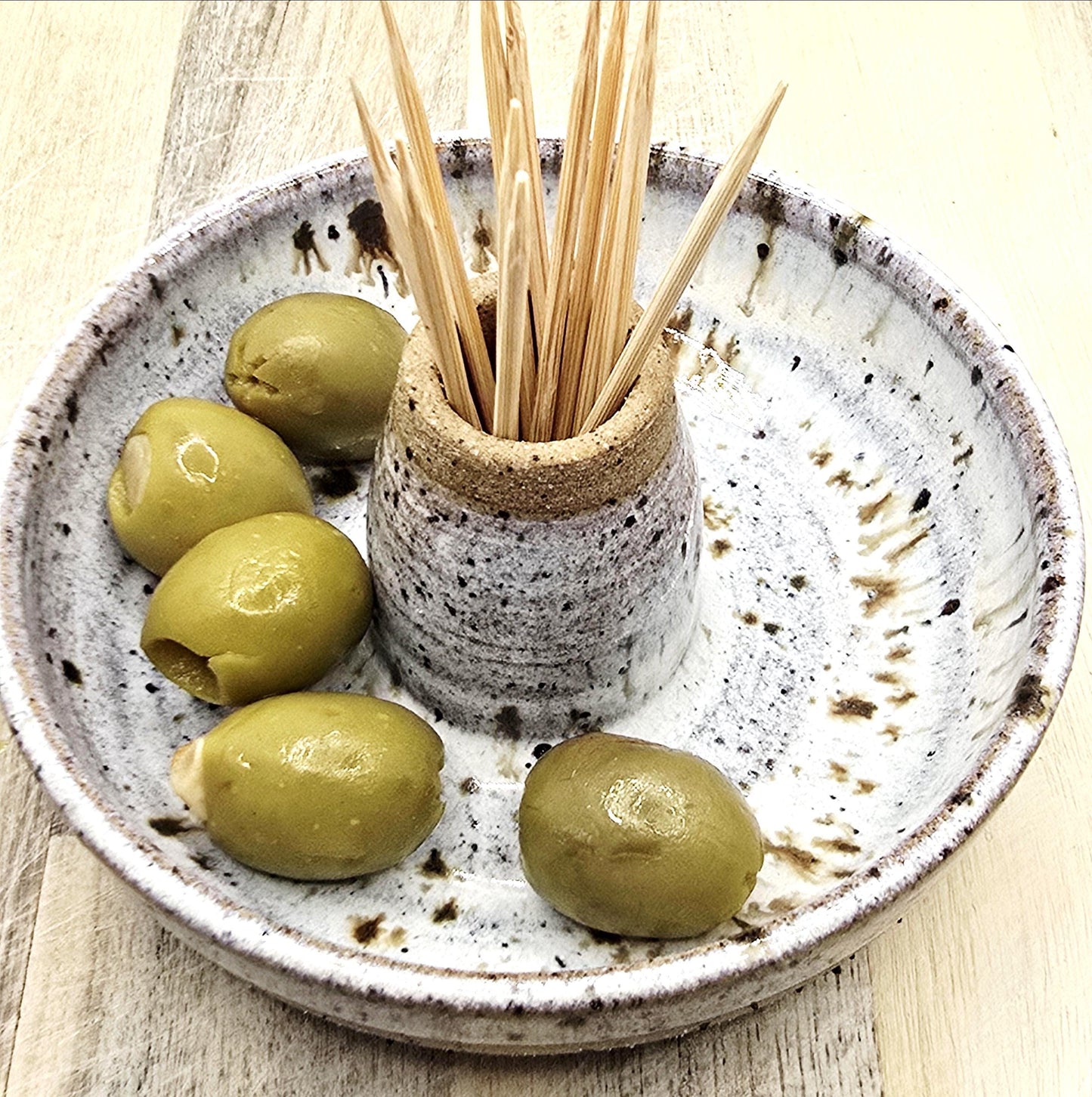 Handmade Stoneware Single Serving Olive Dish / Bowl - Speckled Cream Glaze. Toasty Stoneware Pottery