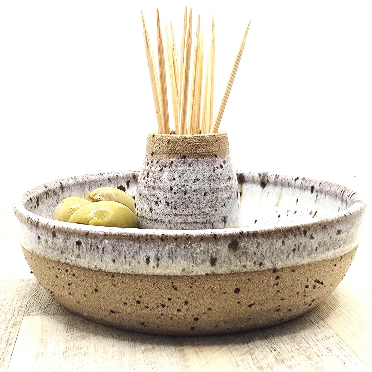 Handmade Stoneware Single Serving Olive Dish / Bowl - Speckled Cream Glaze. Toasty Stoneware Pottery