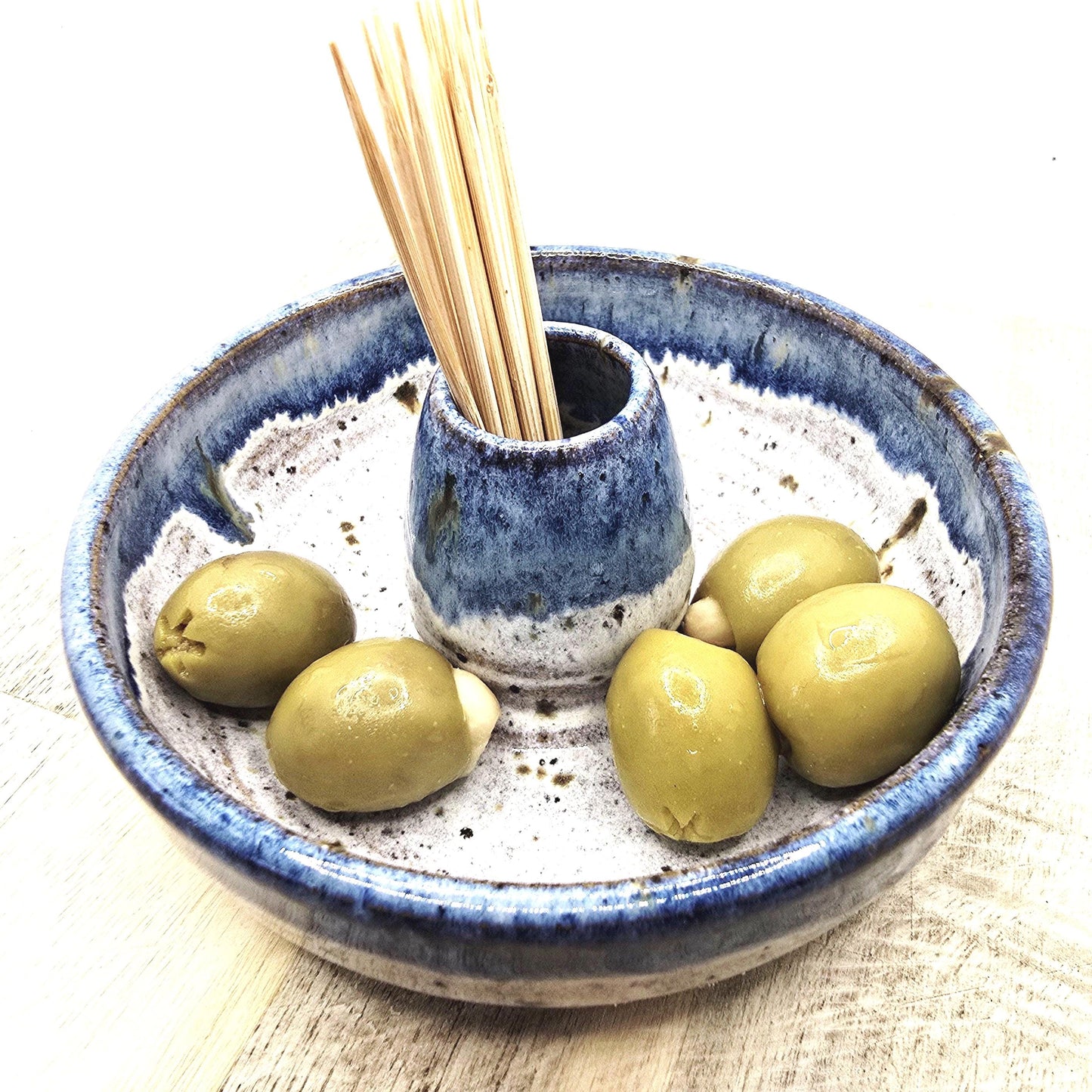 Handmade Stoneware Individual Olive Dish / Bowl - Speckled Blue and Cream Glaze. Toasty Stoneware Pottery