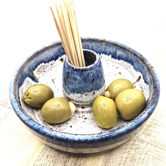 Handmade Stoneware Individual Olive Dish / Bowl - Speckled Blue and Cream Glaze. Toasty Stoneware Pottery