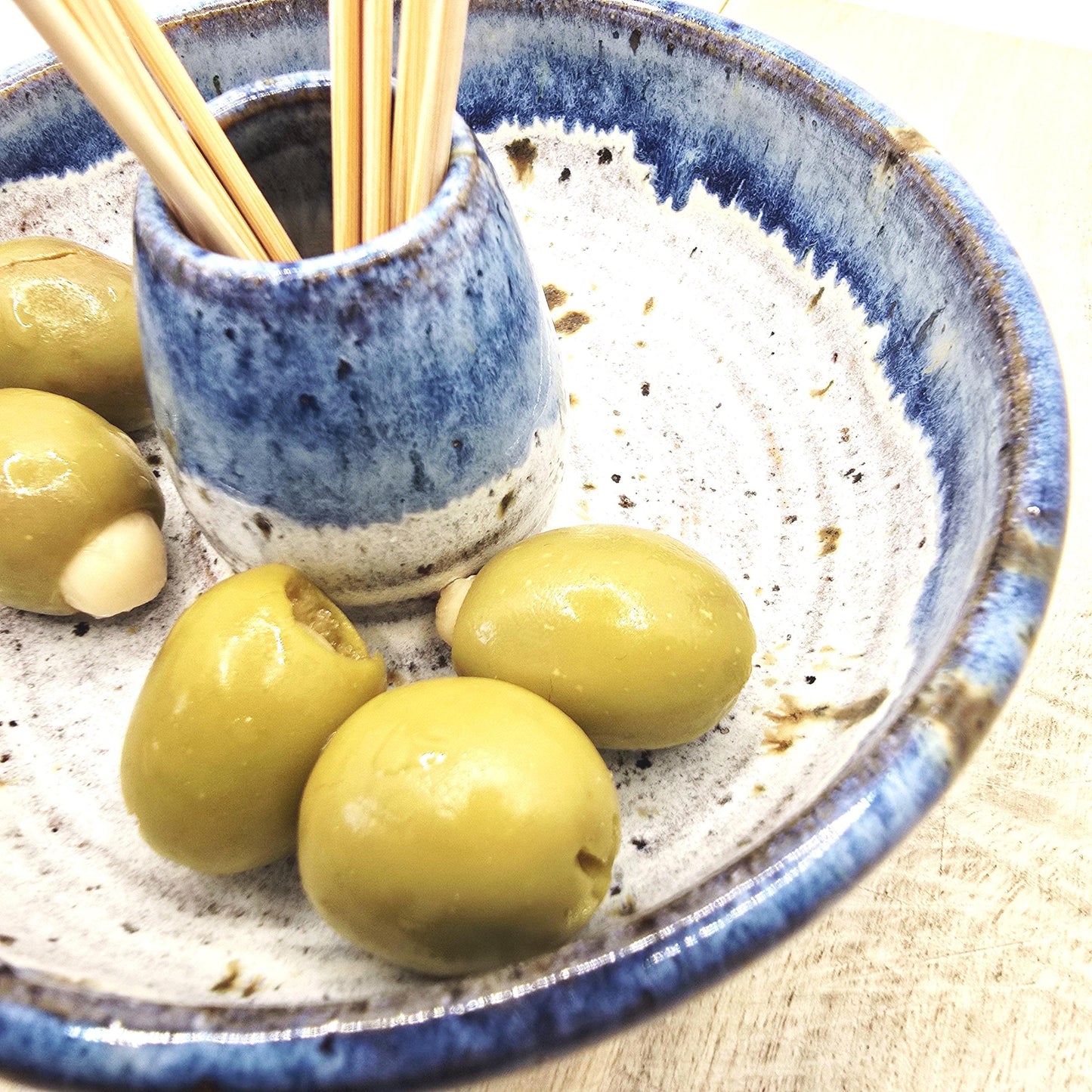 Handmade Stoneware Individual Olive Dish / Bowl - Speckled Blue and Cream Glaze. Toasty Stoneware Pottery