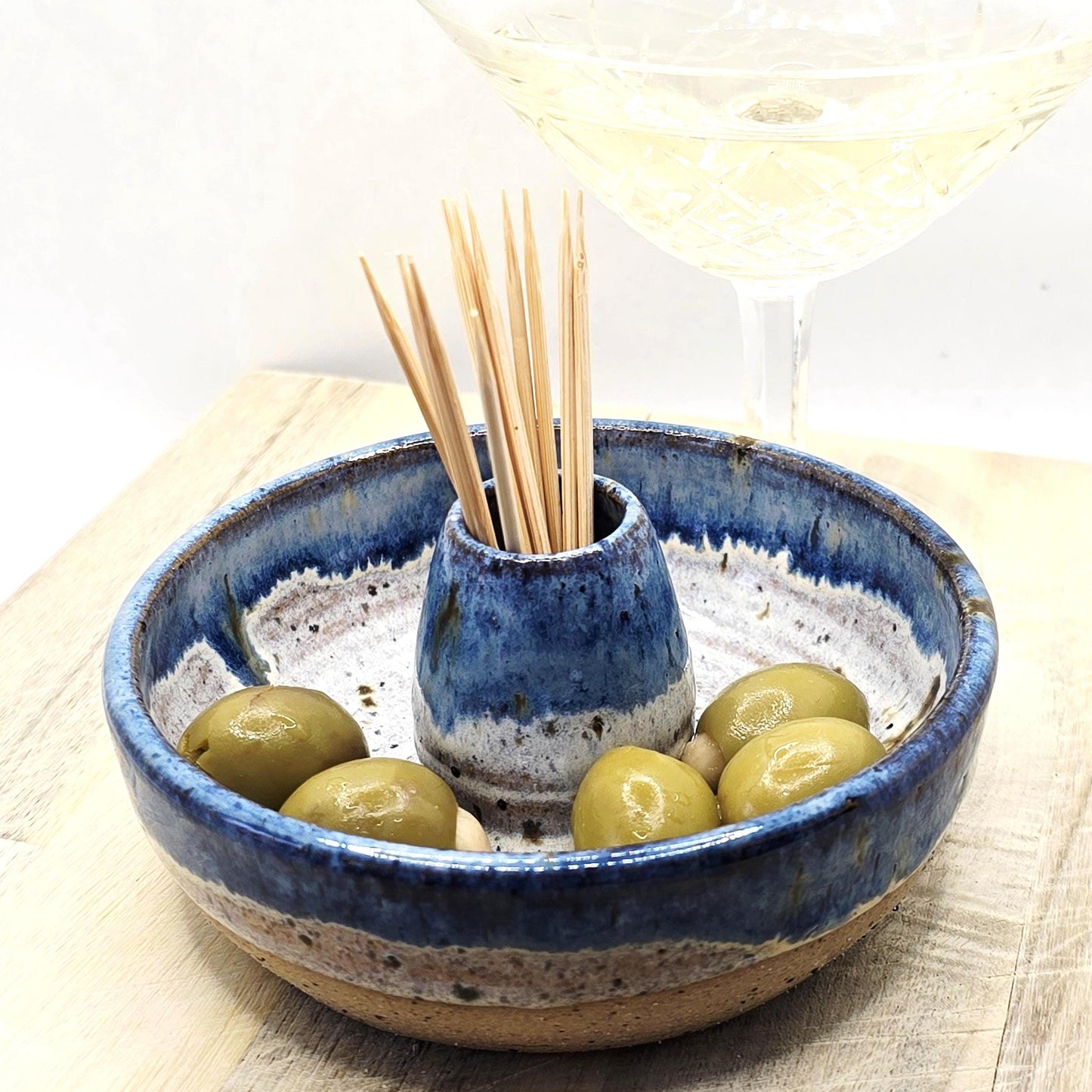 Handmade Stoneware Individual Olive Dish / Bowl - Speckled Blue and Cream Glaze. Toasty Stoneware Pottery