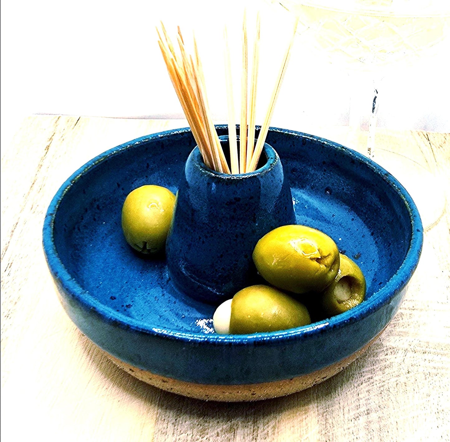 Handmade Stoneware Single Serving Olive Dish / Bowl - Deep Turquoise Blue Glaze. Toasty Stoneware Pottery