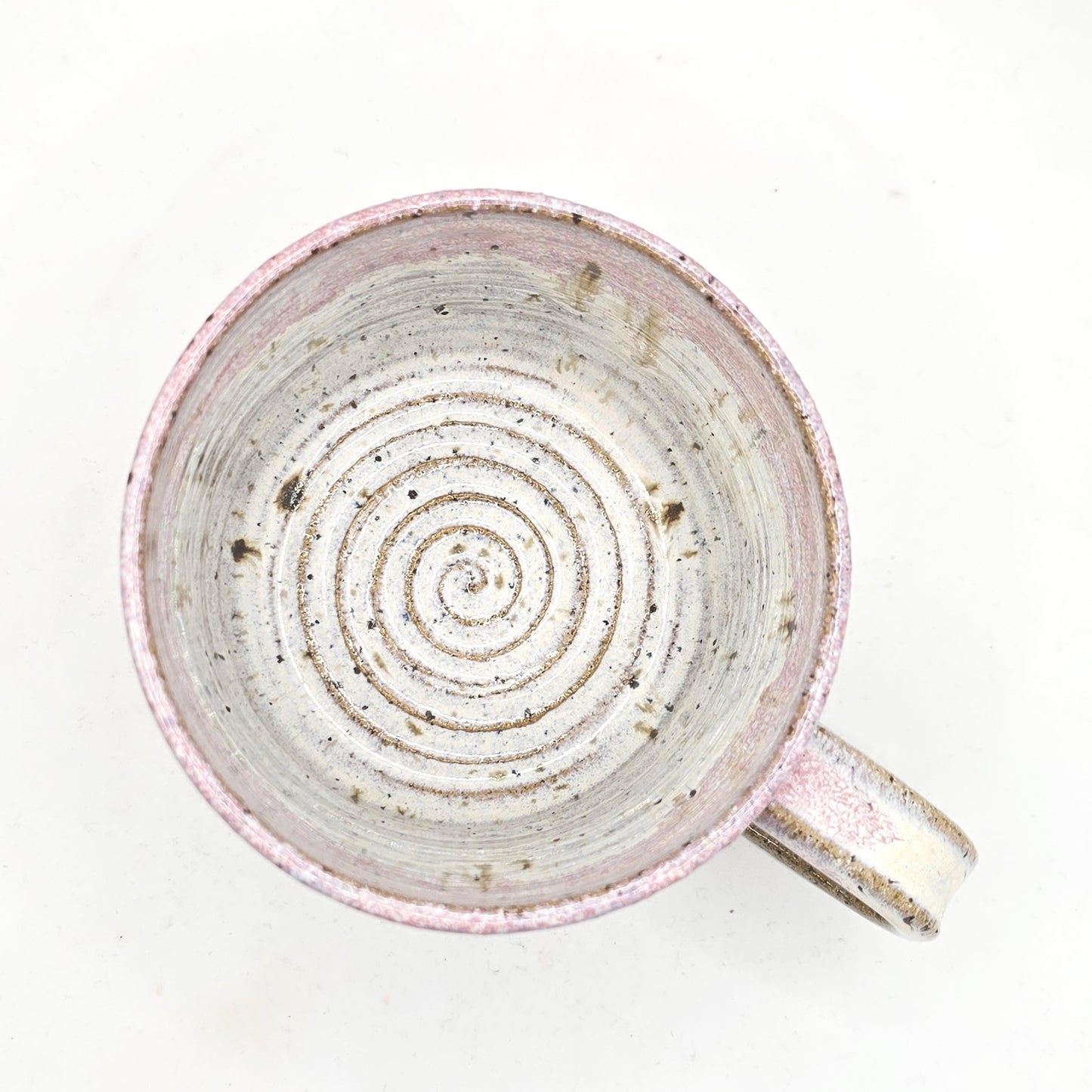 Handmade Ceramic Short 8oz Tea / Coffee Mug. Cream & Pink Speckle Glaze. Toasty Stoneware Pottery.