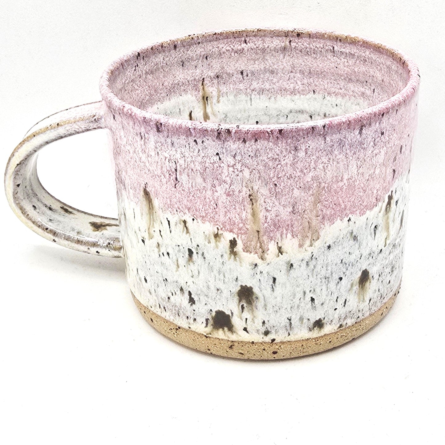 Handmade Ceramic Short 8oz Tea / Coffee Mug. Cream & Pink Speckle Glaze. Toasty Stoneware Pottery.