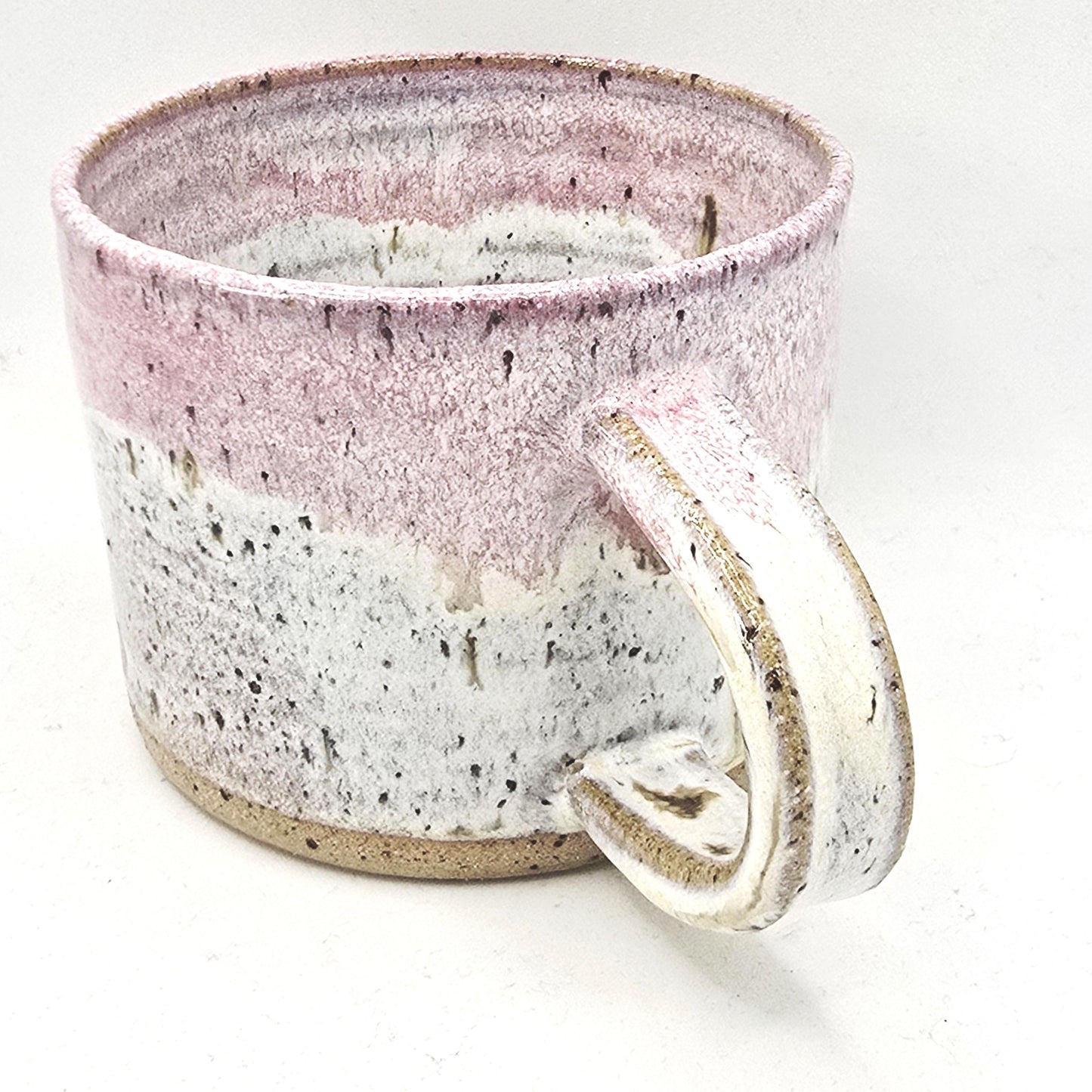 Handmade Ceramic Short 8oz Tea / Coffee Mug. Cream & Pink Speckle Glaze. Toasty Stoneware Pottery.