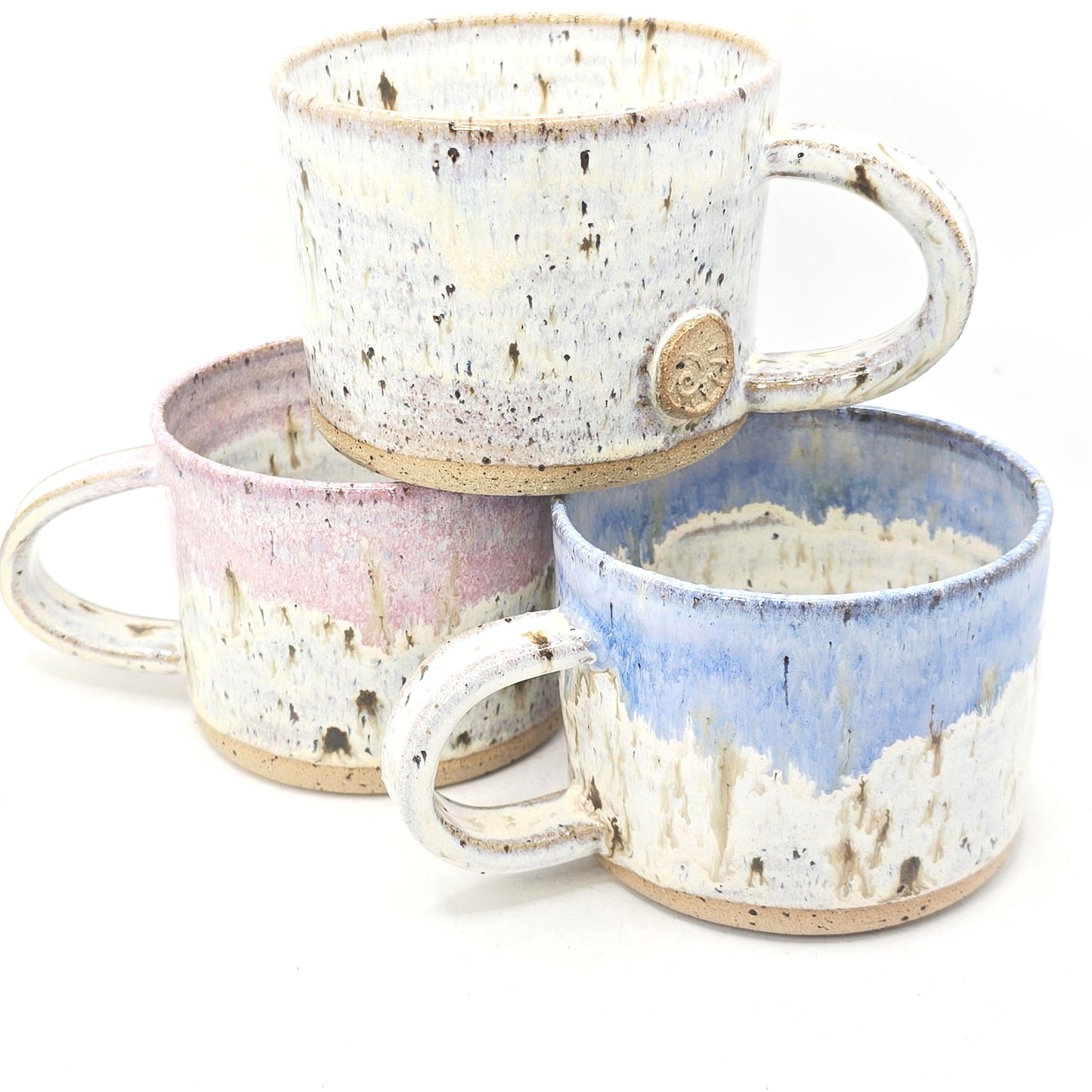 Handmade Ceramic Short 8oz Tea / Coffee Mug. Cream & Pink Speckle Glaze. Toasty Stoneware Pottery.