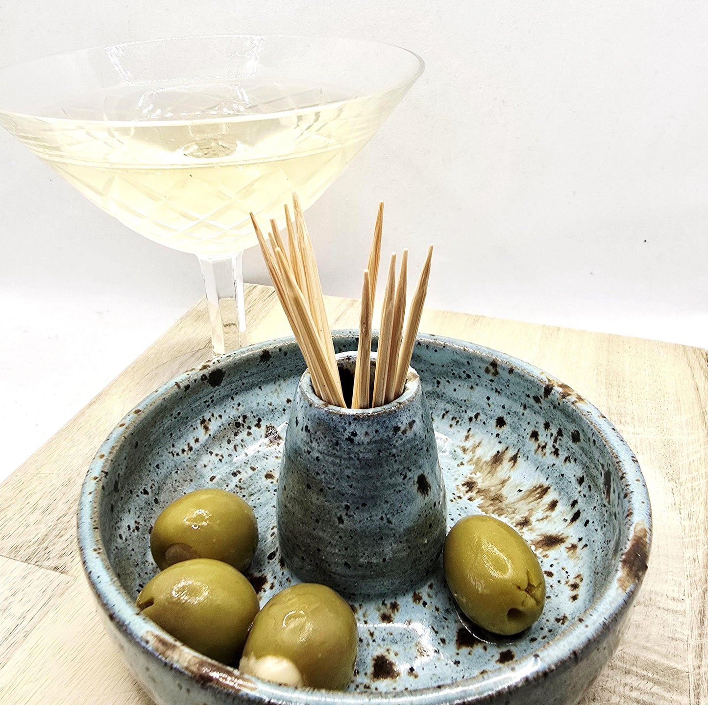Handmade Ceramic Single Serving Olive Dish / Bowl -  Speckled Blue Glaze, Toasty Stoneware Pottery