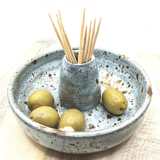 Handmade Ceramic Single Serving Olive Dish / Bowl -  Speckled Blue Glaze, Toasty Stoneware Pottery