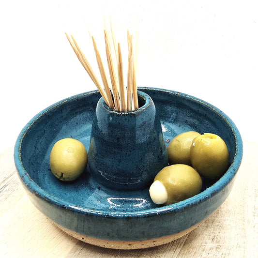 Handmade Stoneware Single Serving Olive Dish / Bowl - Deep Turquoise Blue Glaze. Toasty Stoneware Pottery