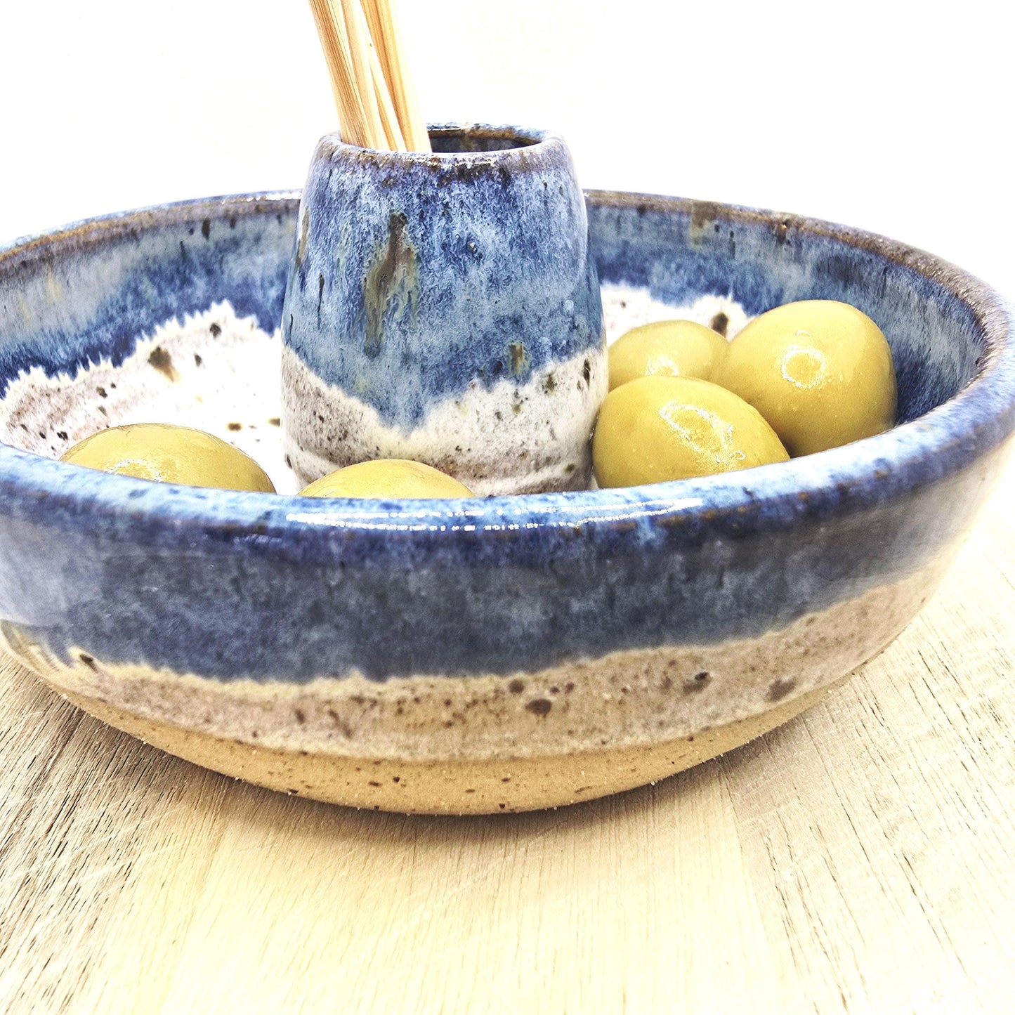 Handmade Stoneware Individual Olive Dish / Bowl - Speckled Blue and Cream Glaze. Toasty Stoneware Pottery