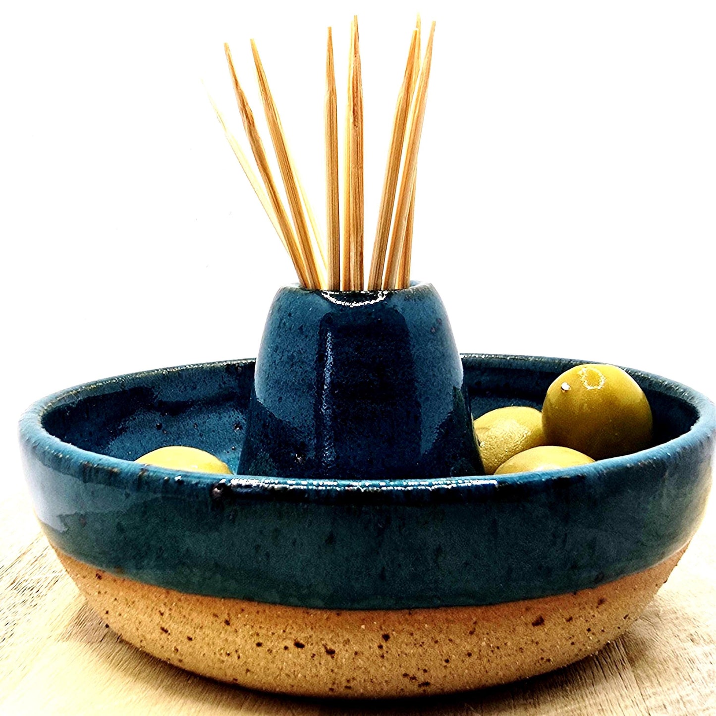Handmade Stoneware Single Serving Olive Dish / Bowl - Deep Turquoise Blue Glaze. Toasty Stoneware Pottery