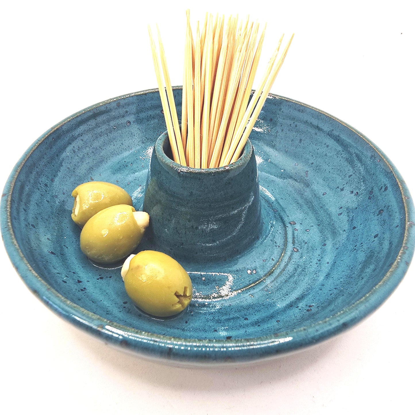 Handmade Stoneware Olive Dish / Bowl - Deep Turquoise Glaze. Toasty Stoneware Pottery