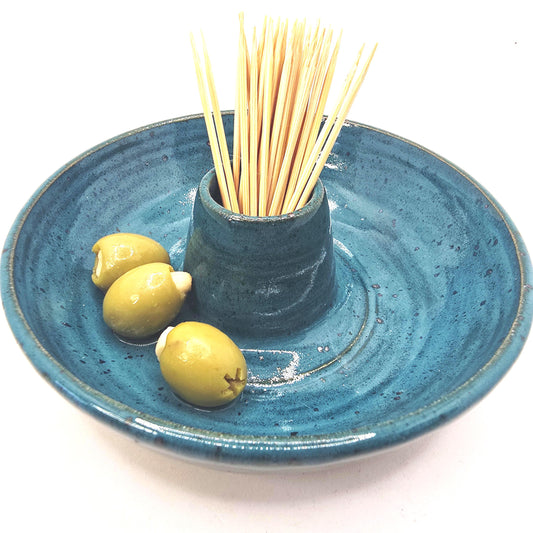 Handmade Stoneware Olive Dish / Bowl - Deep Turquoise Glaze. Toasty Stoneware Pottery