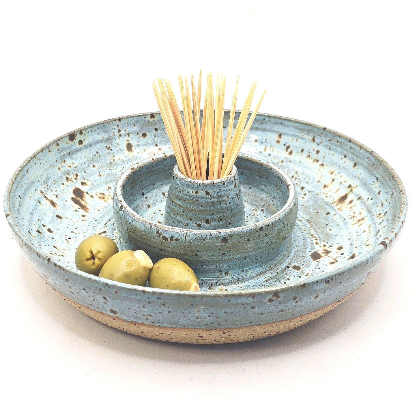 Handmade Ceramic Large Olive Dish / Bowl - Blue Speckled Glaze. Toasty Stoneware Pottery