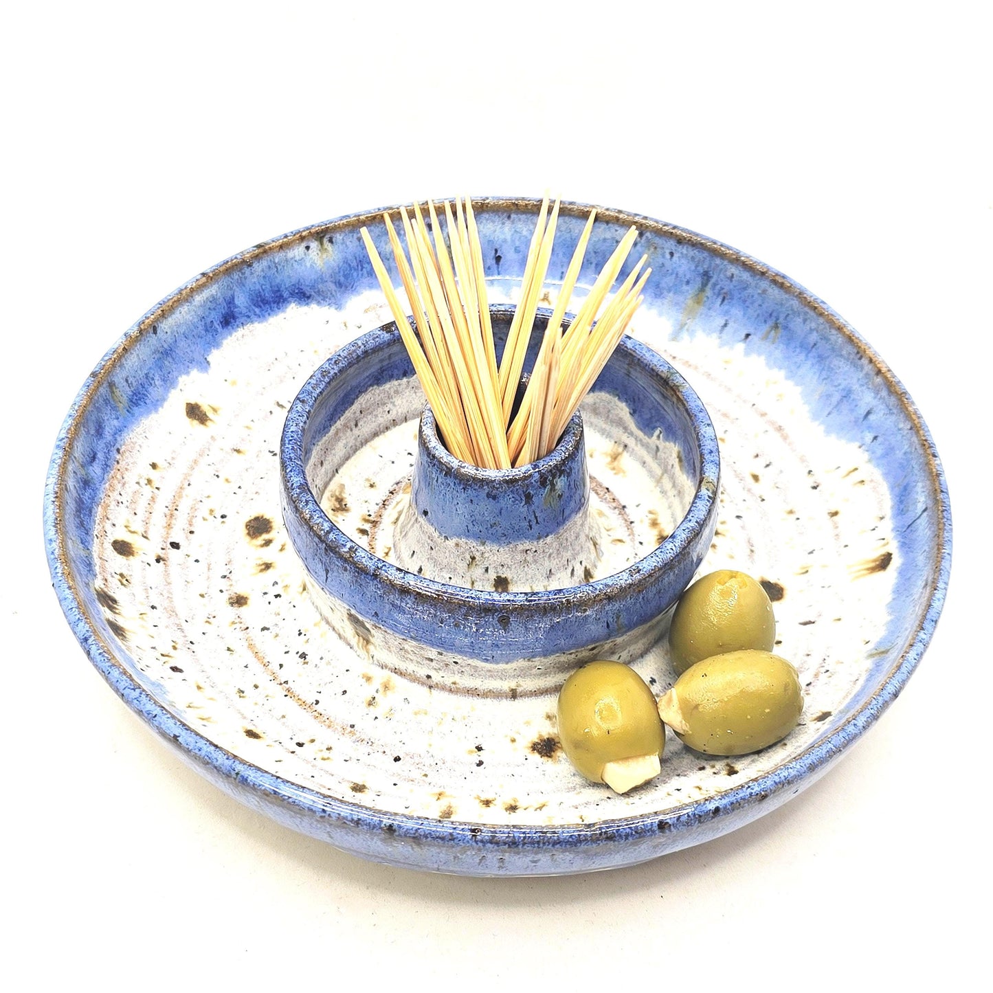 Handmade Stoneware Olive Dish – Speckled Lavender Blue Glaze, Toasty Flecked Clay