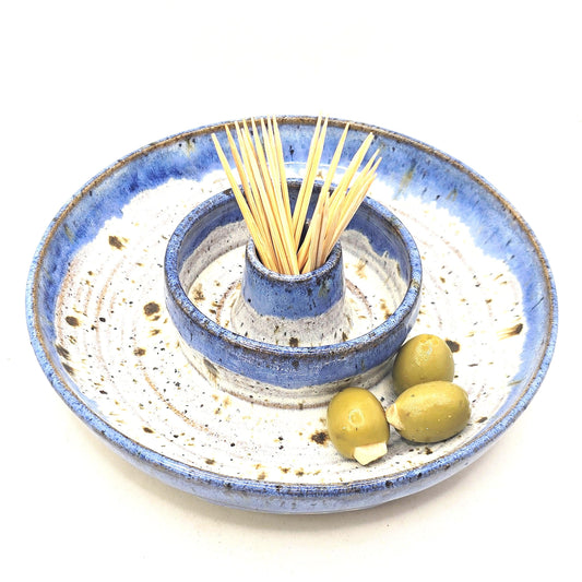 Handmade Stoneware Olive Dish – Speckled Lavender Blue Glaze, Toasty Flecked Clay