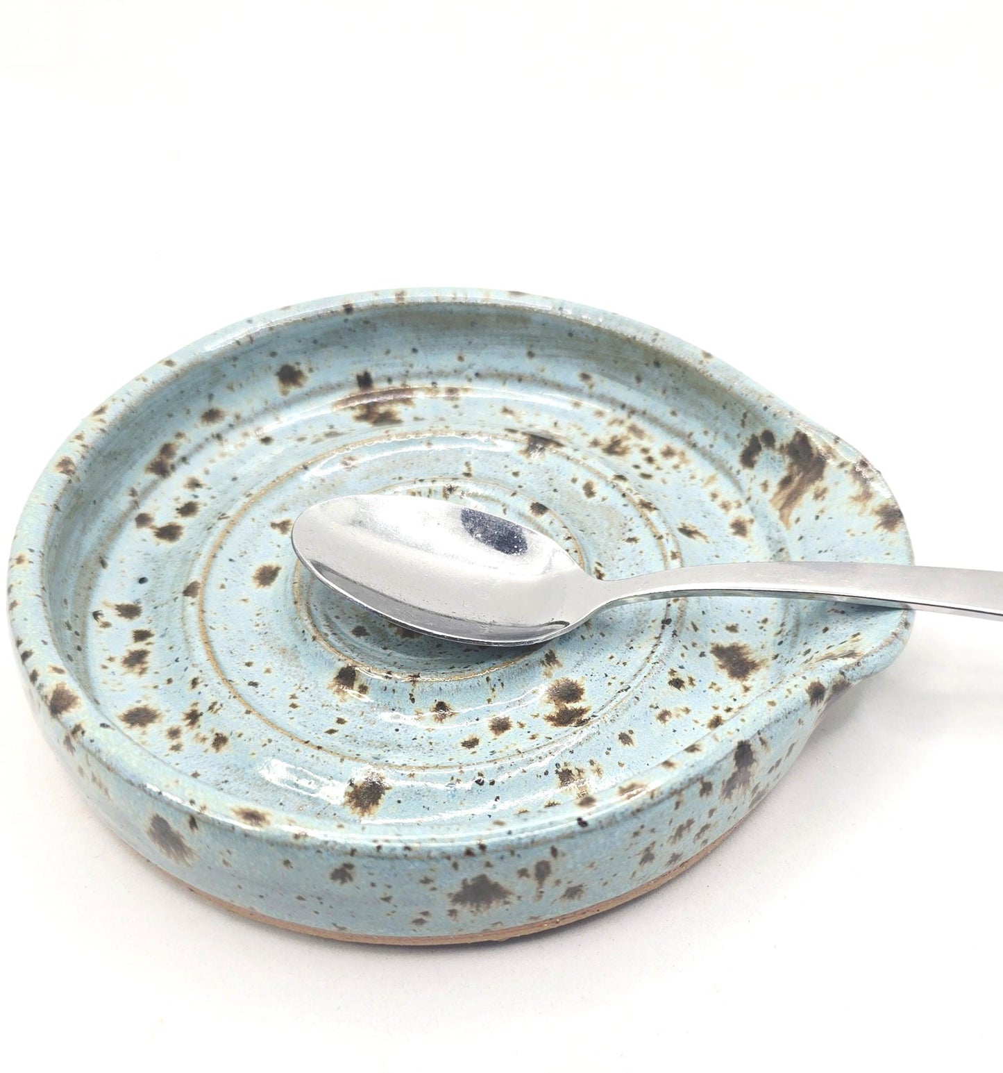 Handmade Ceramic Spoon Rest - Blue Speckled Glaze, Toasty Stoneware Pottery.