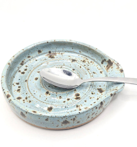 Handmade Ceramic Spoon Rest - Blue Speckled Glaze, Toasty Stoneware Pottery.