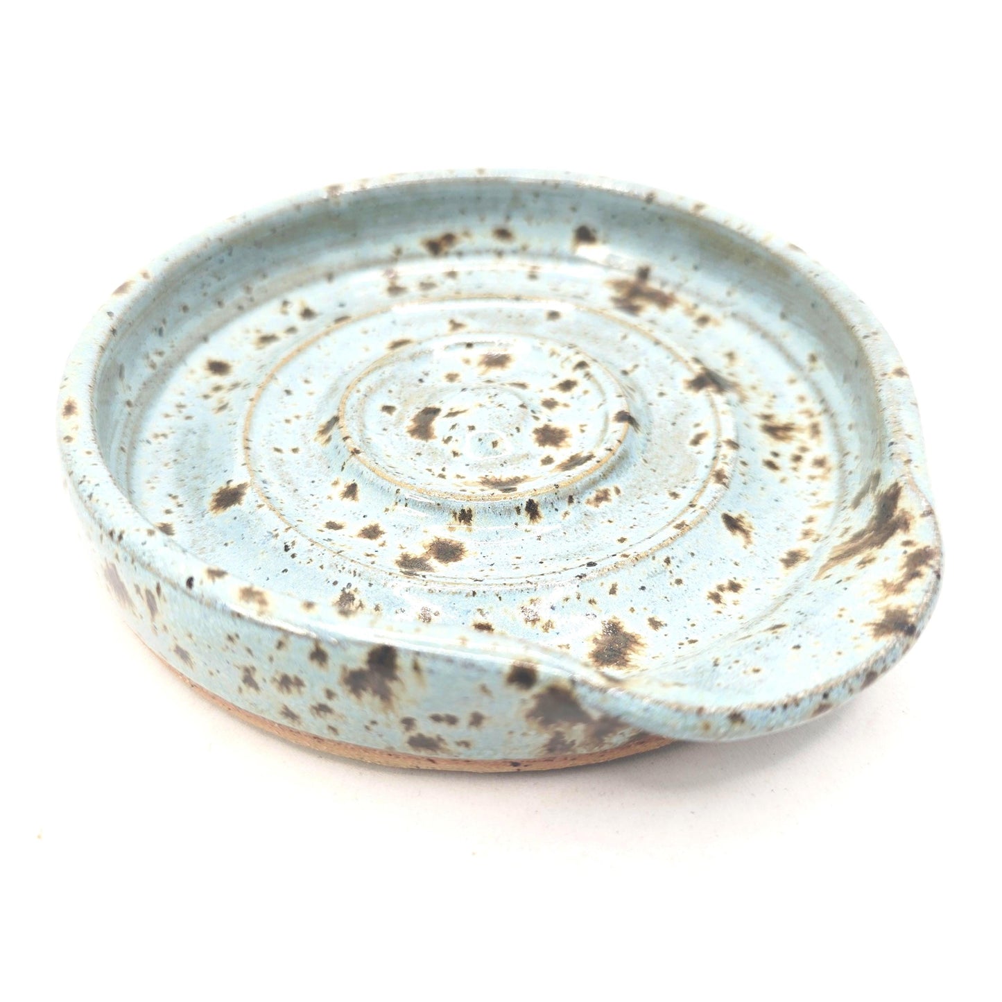 Handmade Ceramic Spoon Rest - Blue Speckled Glaze, Toasty Stoneware Pottery.