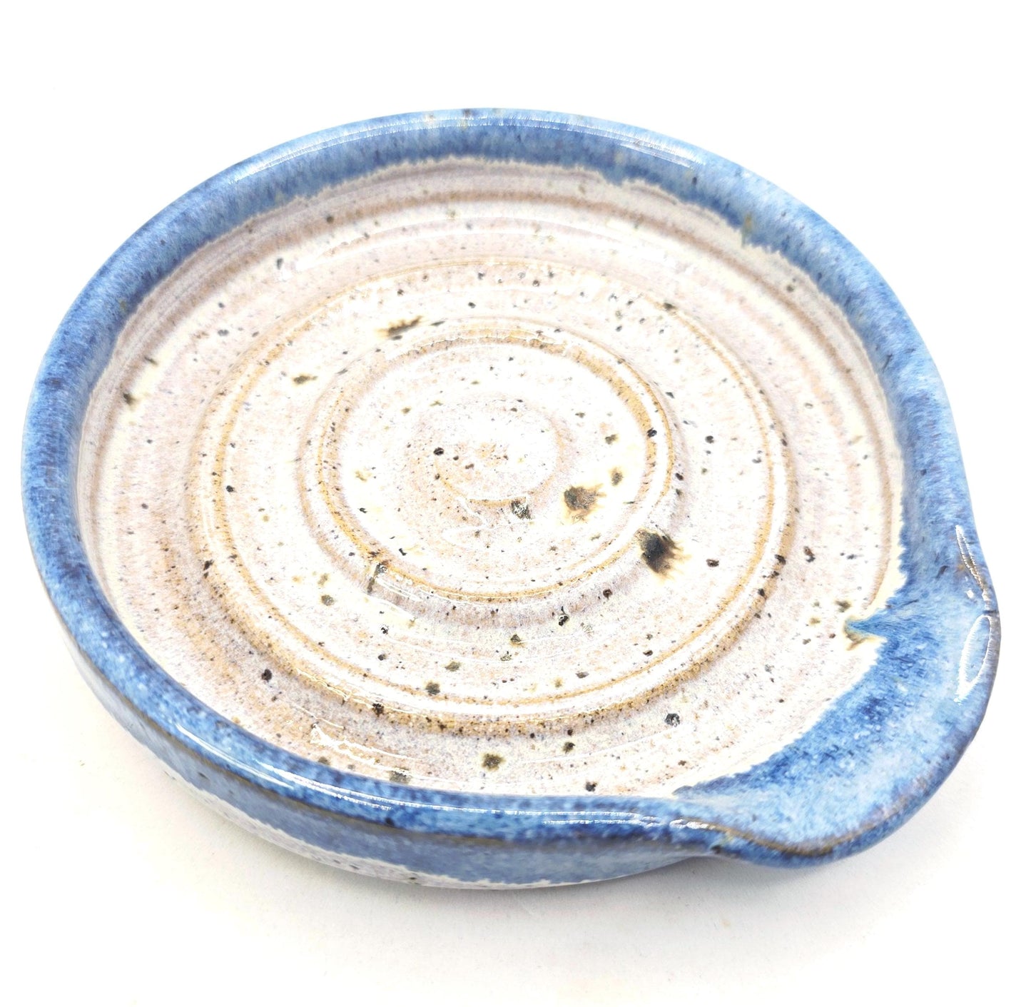 Handmade Ceramic Spoon Rest - Blue & Cream Speckled Glaze. Toasty Stoneware Pottery