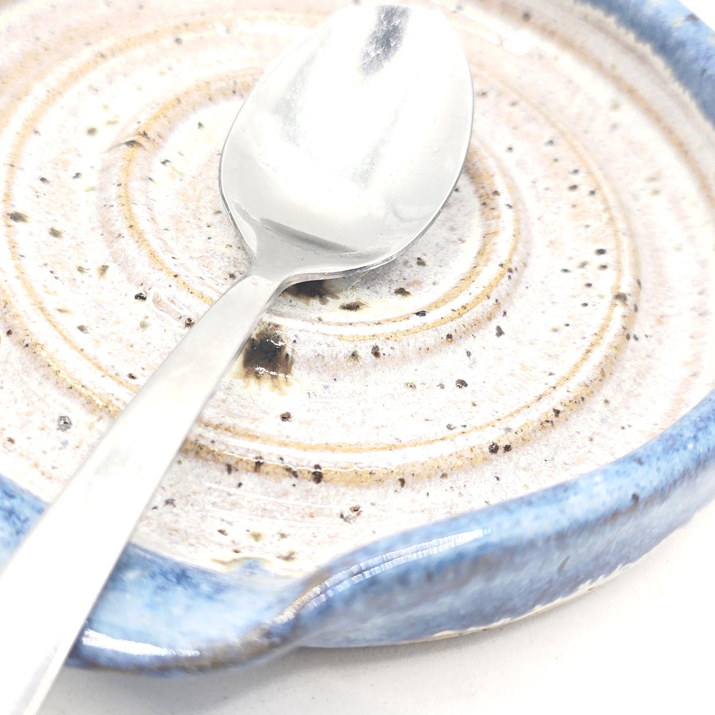Handmade Ceramic Spoon Rest - Blue & Cream Speckled Glaze. Toasty Stoneware Pottery