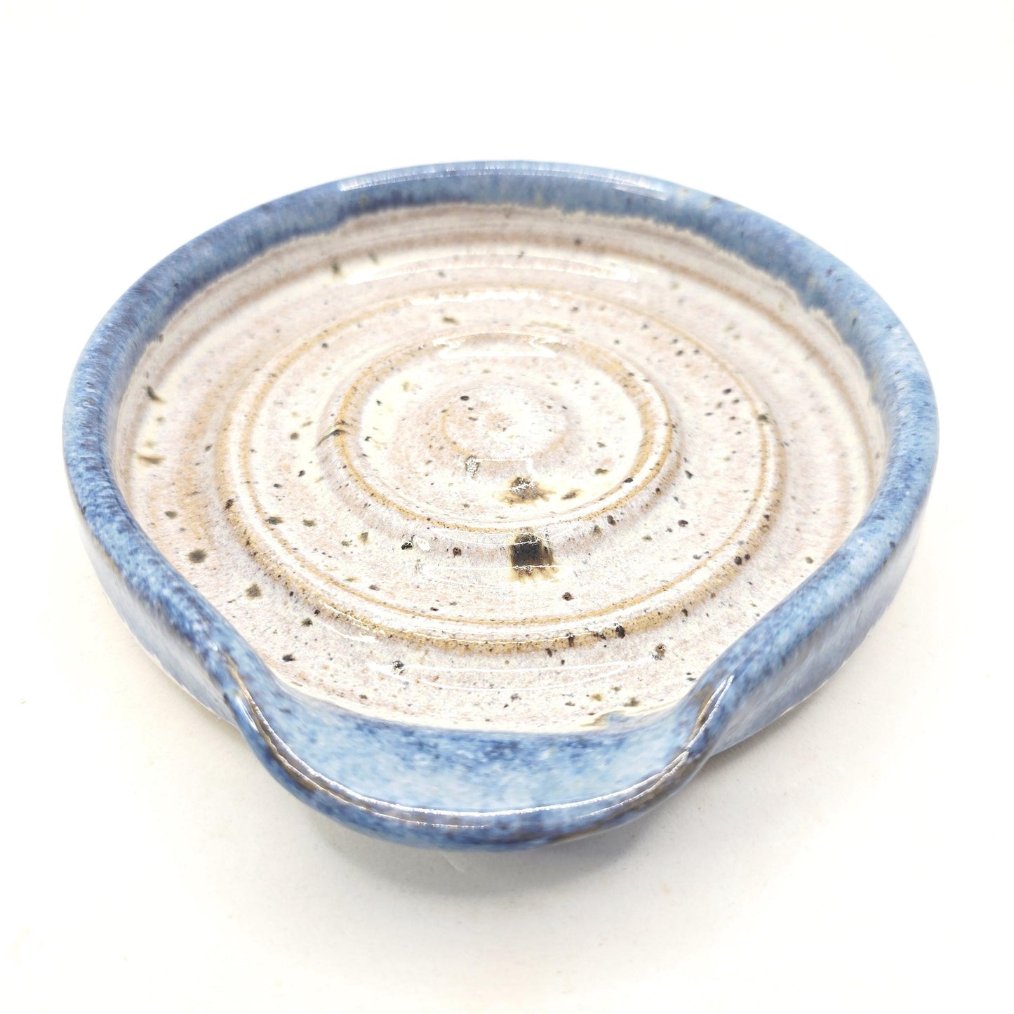 Handmade Ceramic Spoon Rest - Blue & Cream Speckled Glaze. Toasty Stoneware Pottery