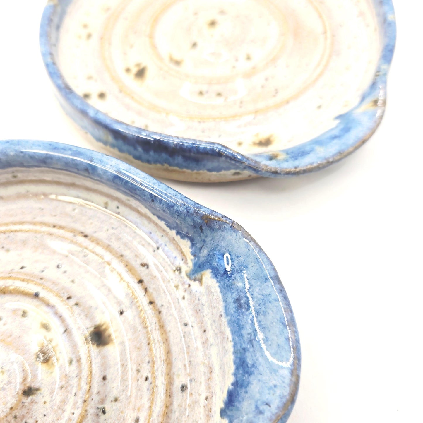 Handmade Ceramic Spoon Rest - Blue & Cream Speckled Glaze. Toasty Stoneware Pottery