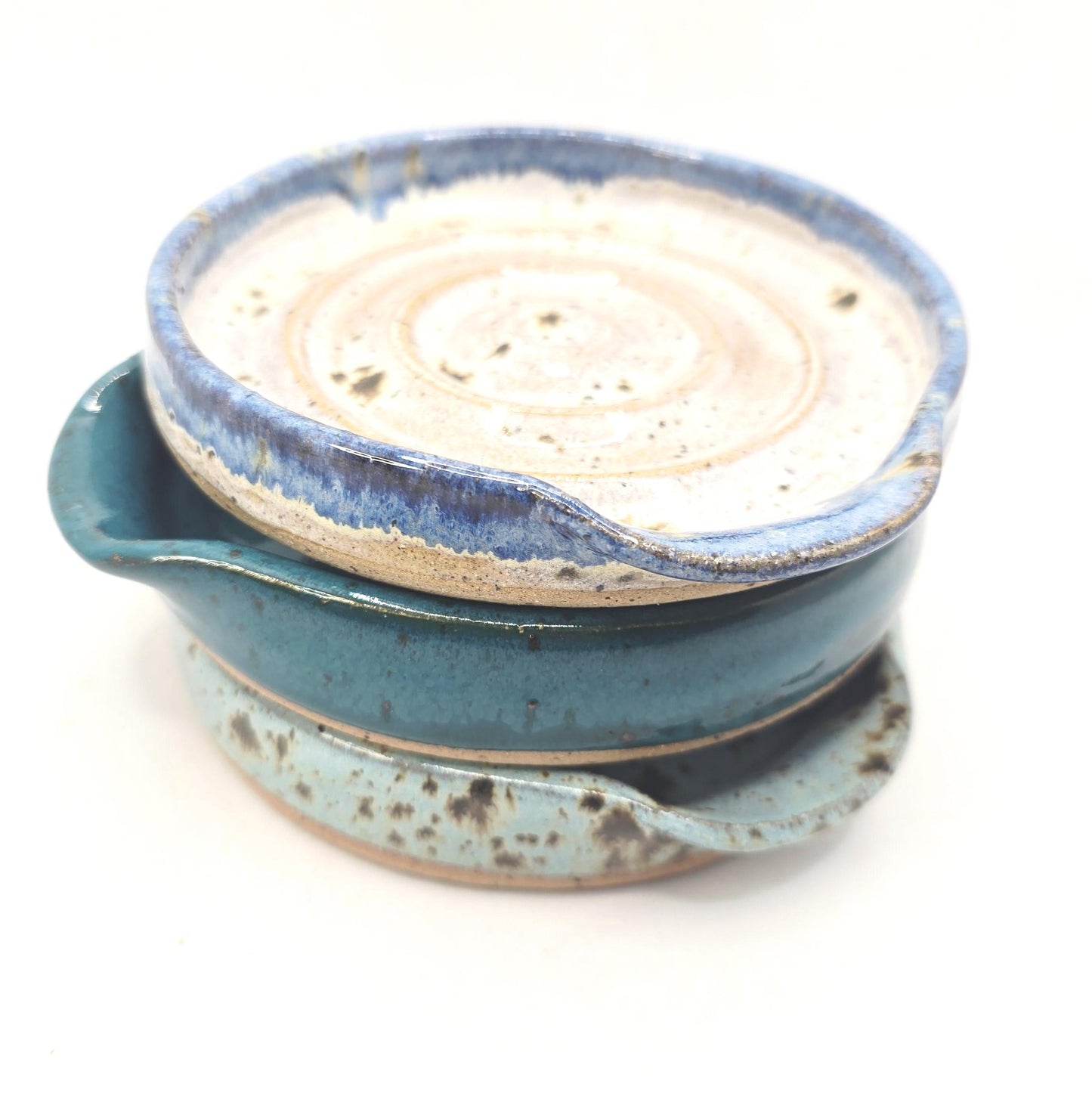 Handmade Ceramic Spoon Rest - Blue & Cream Speckled Glaze. Toasty Stoneware Pottery