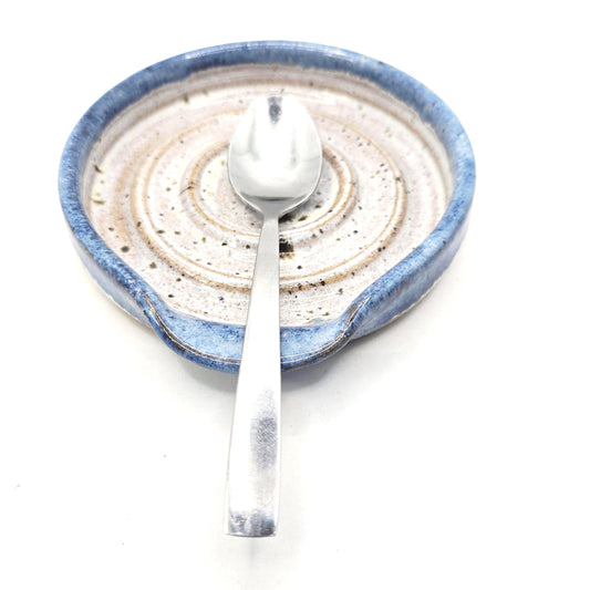 Handmade Ceramic Spoon Rest - Blue & Cream Speckled Glaze. Toasty Stoneware Pottery