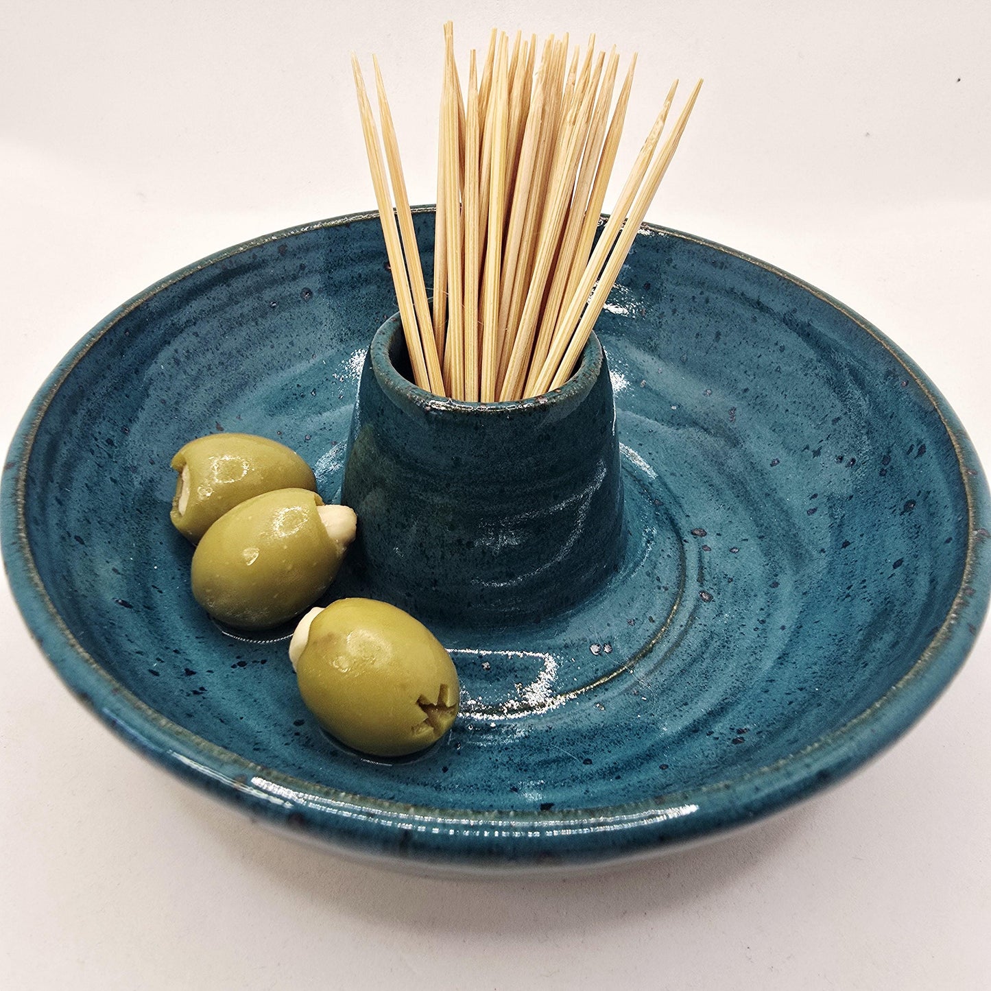 Handmade Stoneware Olive Dish / Bowl - Deep Turquoise Glaze. Toasty Stoneware Pottery