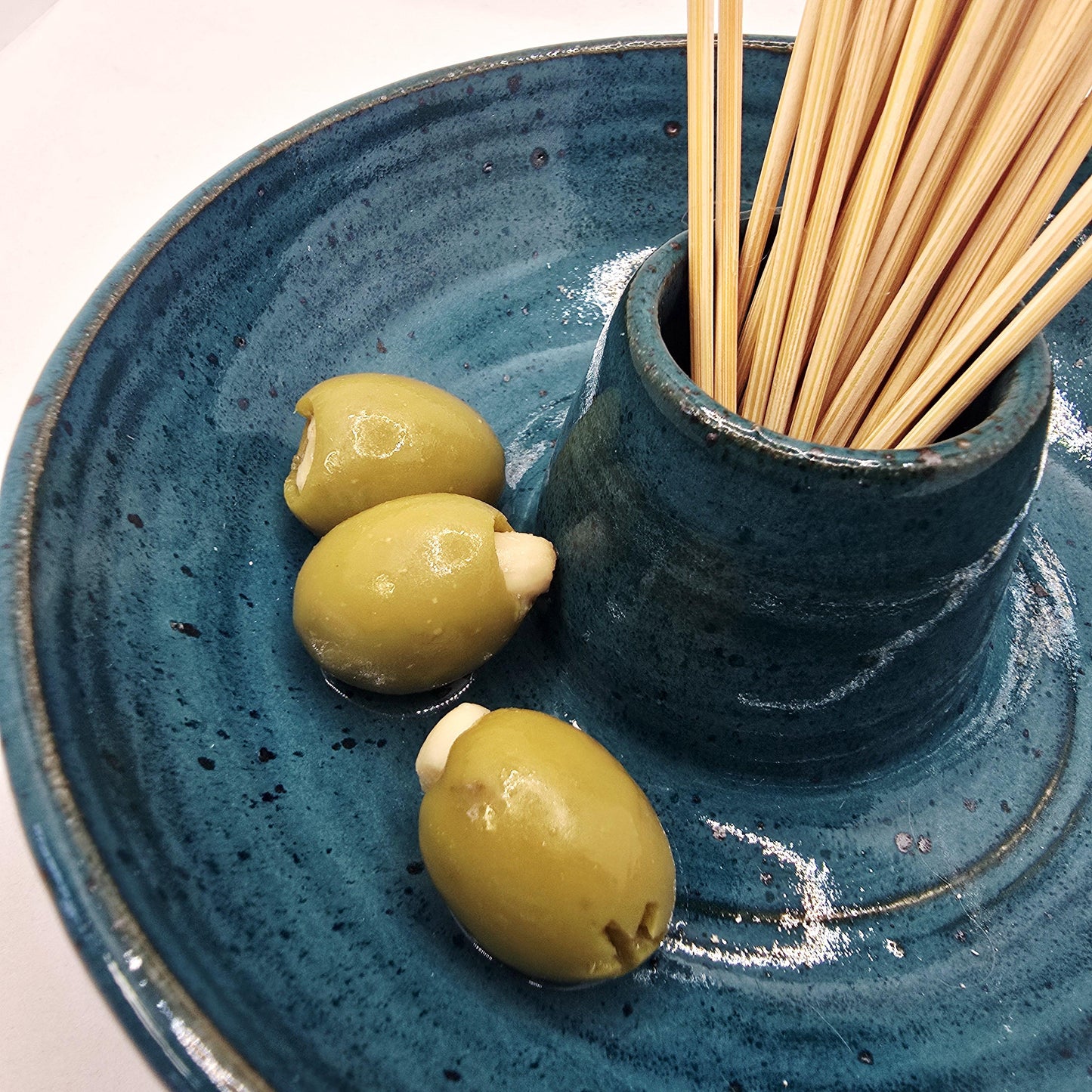 Handmade Stoneware Olive Dish / Bowl - Deep Turquoise Glaze. Toasty Stoneware Pottery