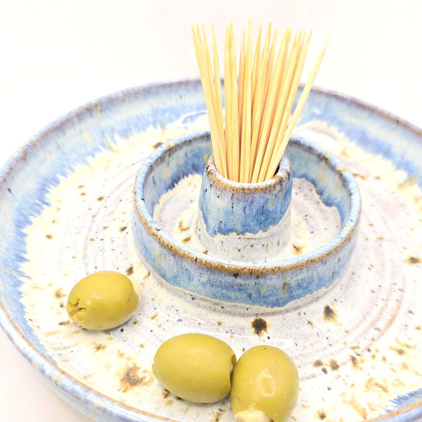 Handmade Stoneware Large Olive Dish / Bowl - Speckled Blue and Cream Glaze. Toasty Stoneware Pottery