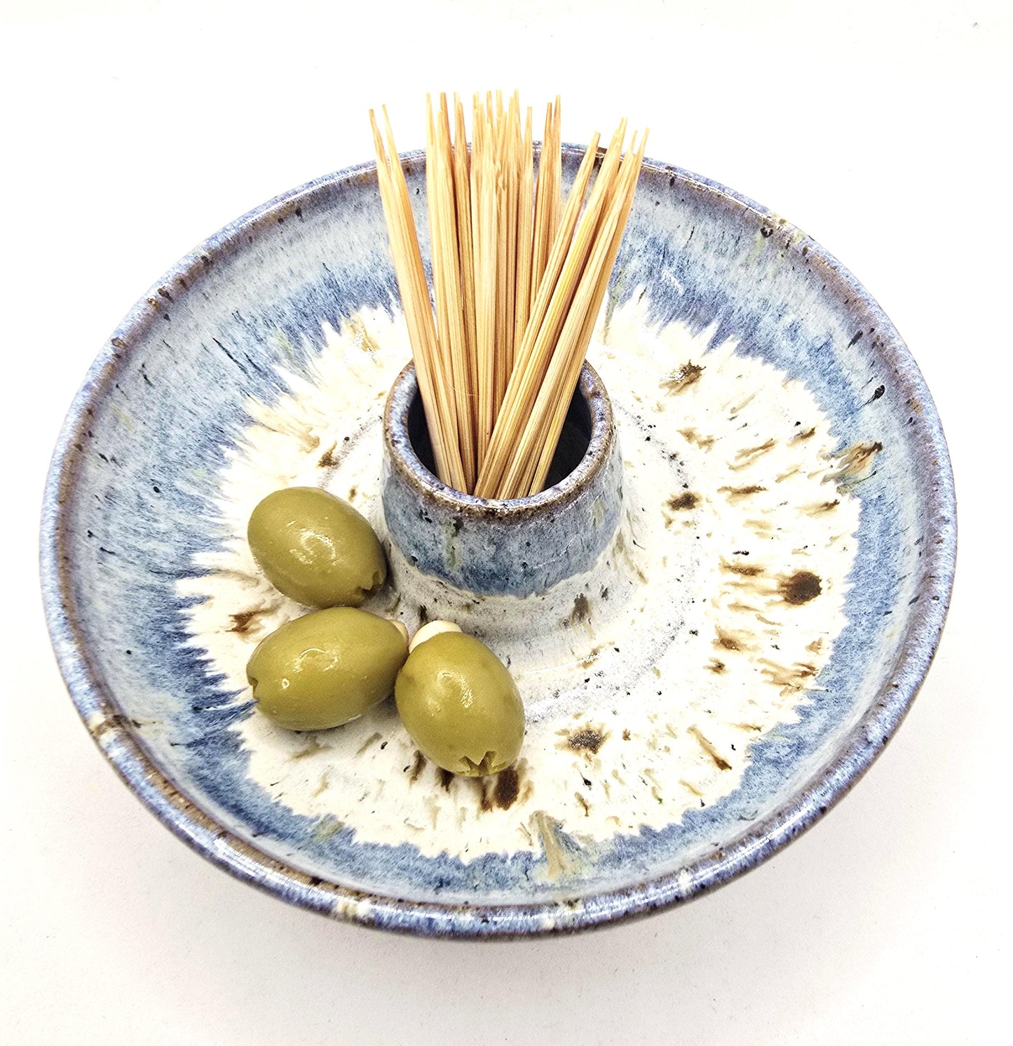 Handmade Stoneware Olive Dish / Bowl - Speckled Blue and Cream Glaze. Toasty Stoneware Pottery