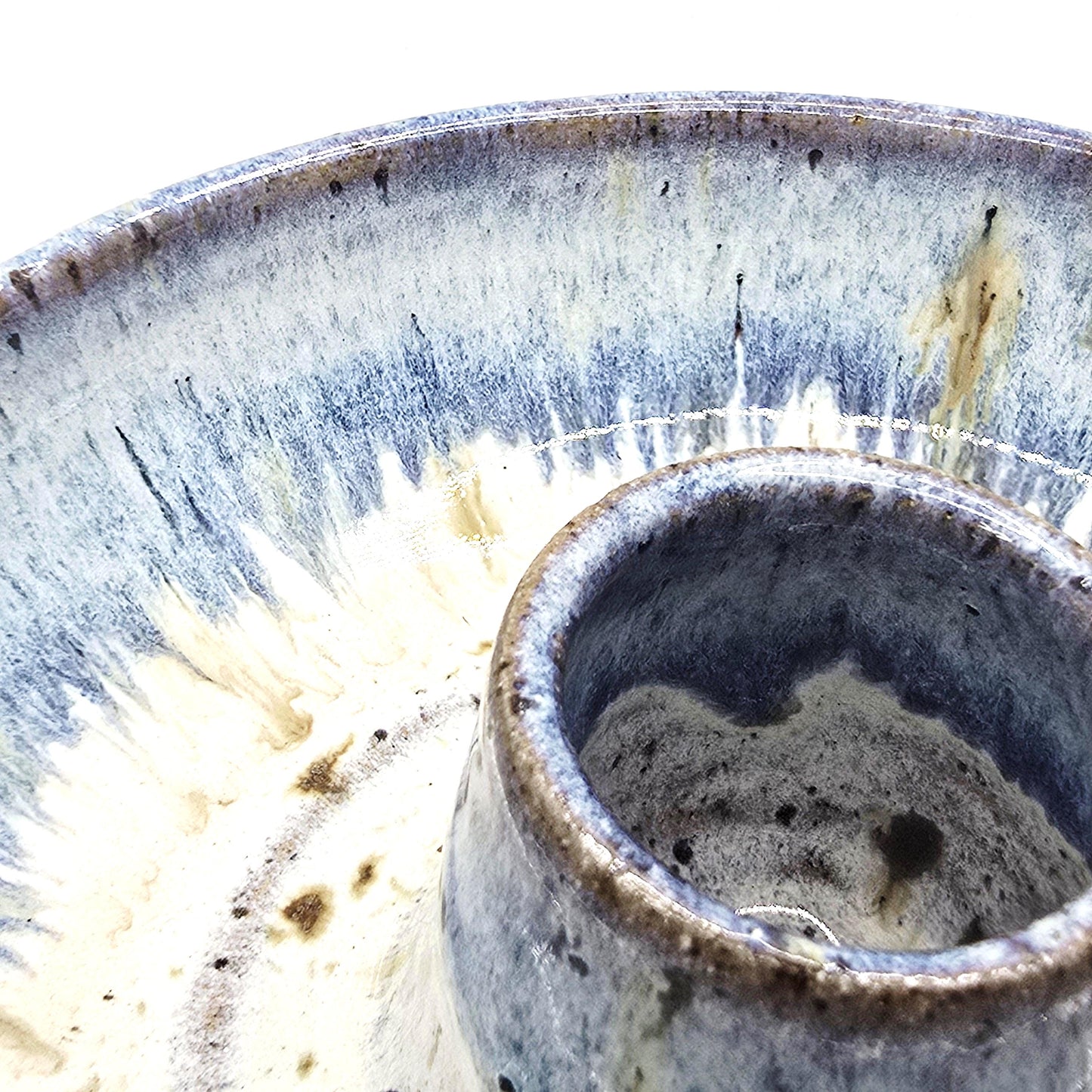 Handmade Stoneware Olive Dish / Bowl - Speckled Blue and Cream Glaze. Toasty Stoneware Pottery
