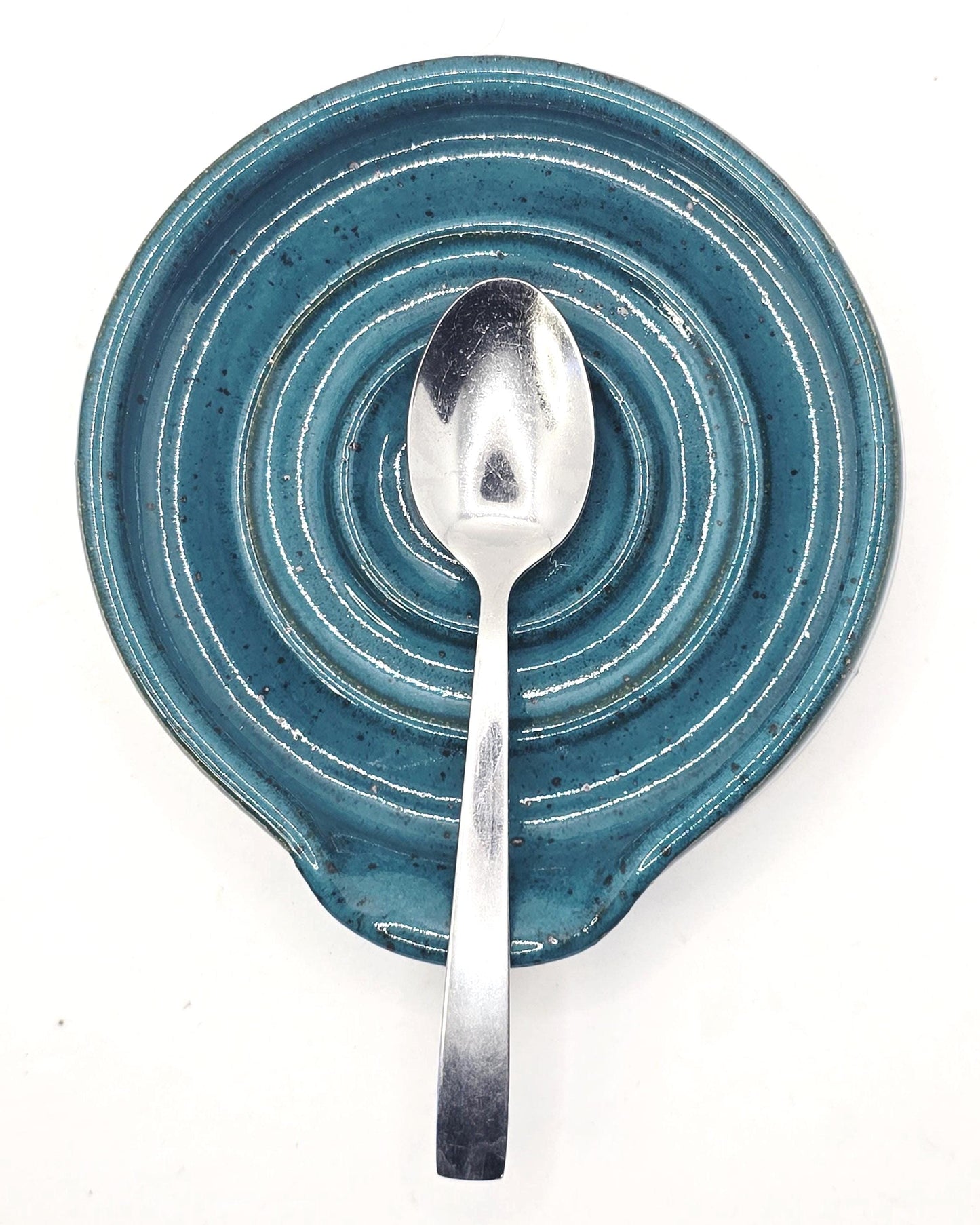 Handmade Ceramic Spoon Rest - Deep Turquoise Blue Speckled Glaze. Toasty Stoneware Pottery
