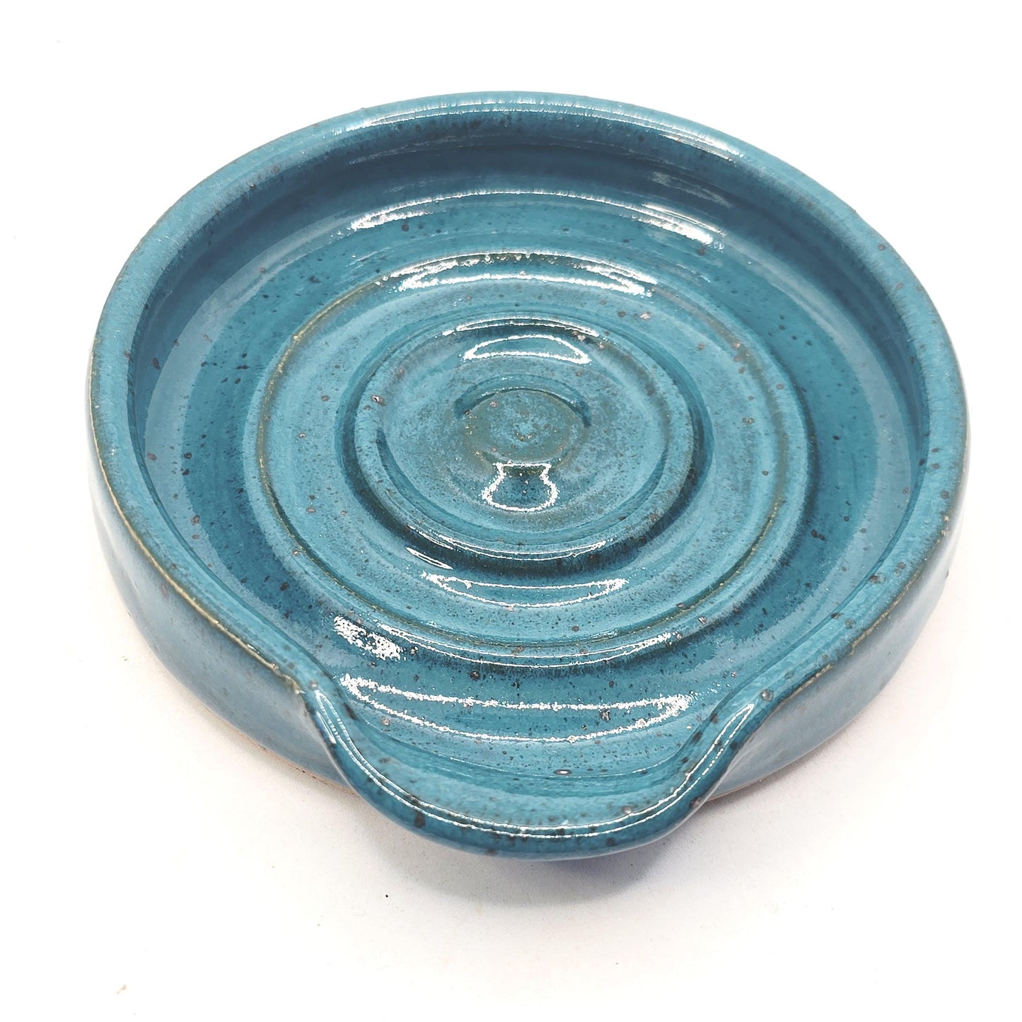 Handmade Ceramic Spoon Rest - Deep Turquoise Blue Speckled Glaze. Toasty Stoneware Pottery