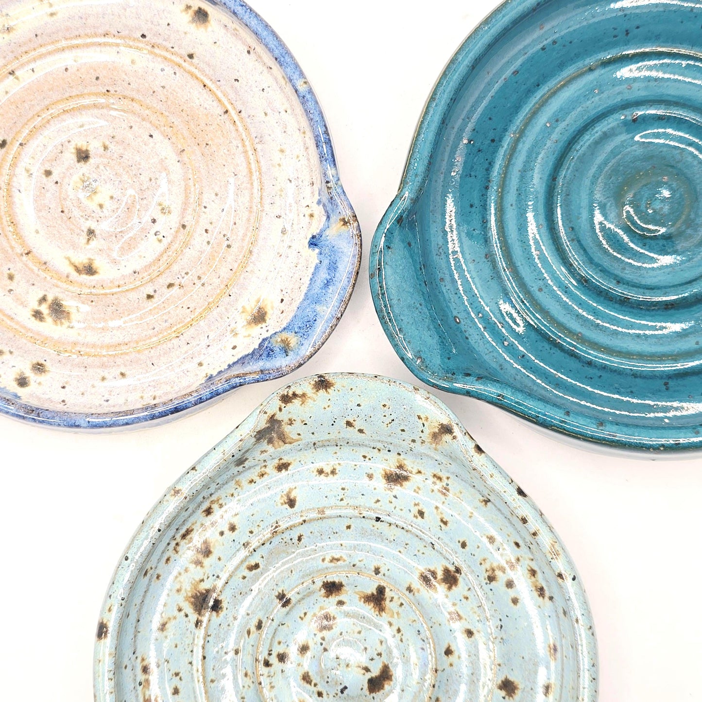 Handmade Ceramic Spoon Rest - Deep Turquoise Blue Speckled Glaze. Toasty Stoneware Pottery