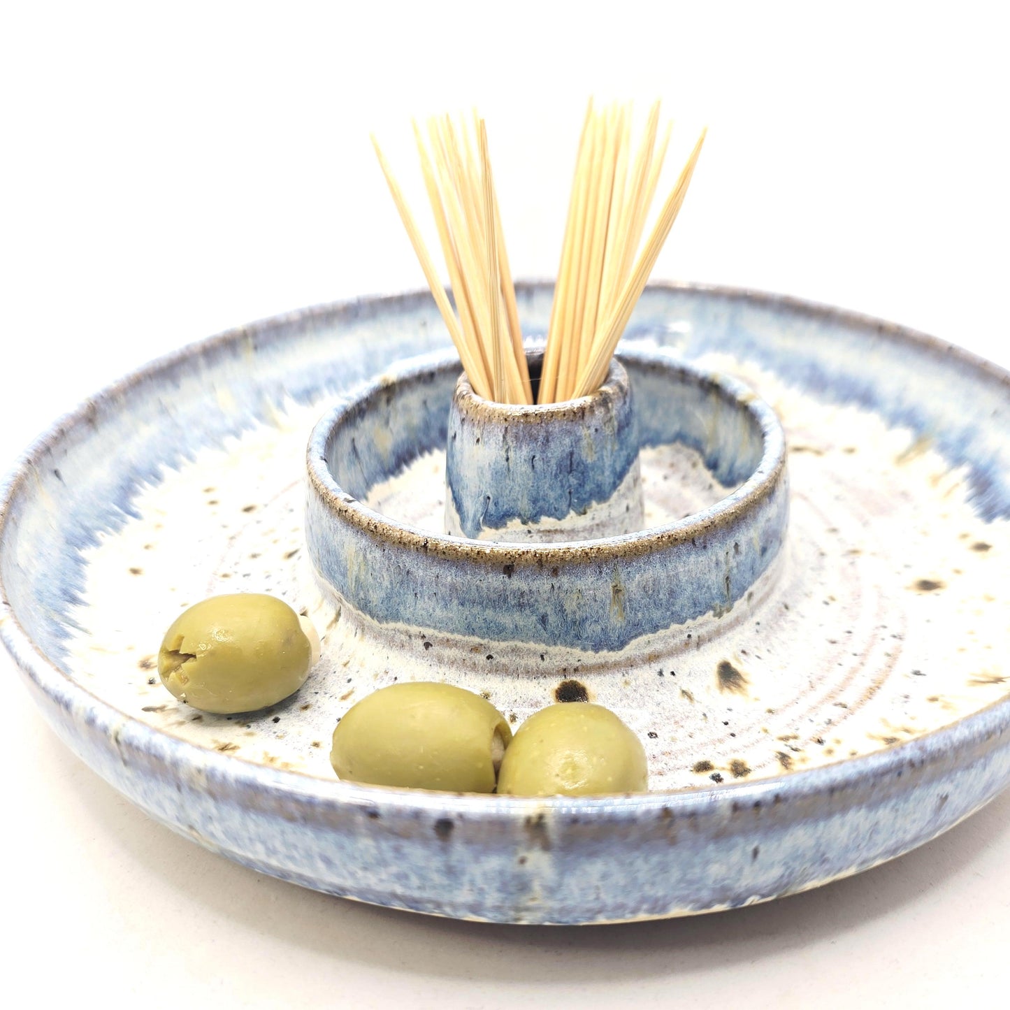 Handmade Stoneware Large Olive Dish / Bowl - Speckled Blue and Cream Glaze. Toasty Stoneware Pottery