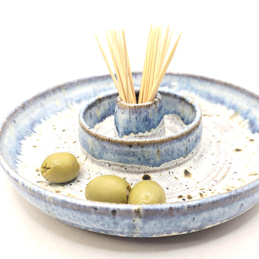 Handmade Stoneware Large Olive Dish / Bowl - Speckled Blue and Cream Glaze. Toasty Stoneware Pottery