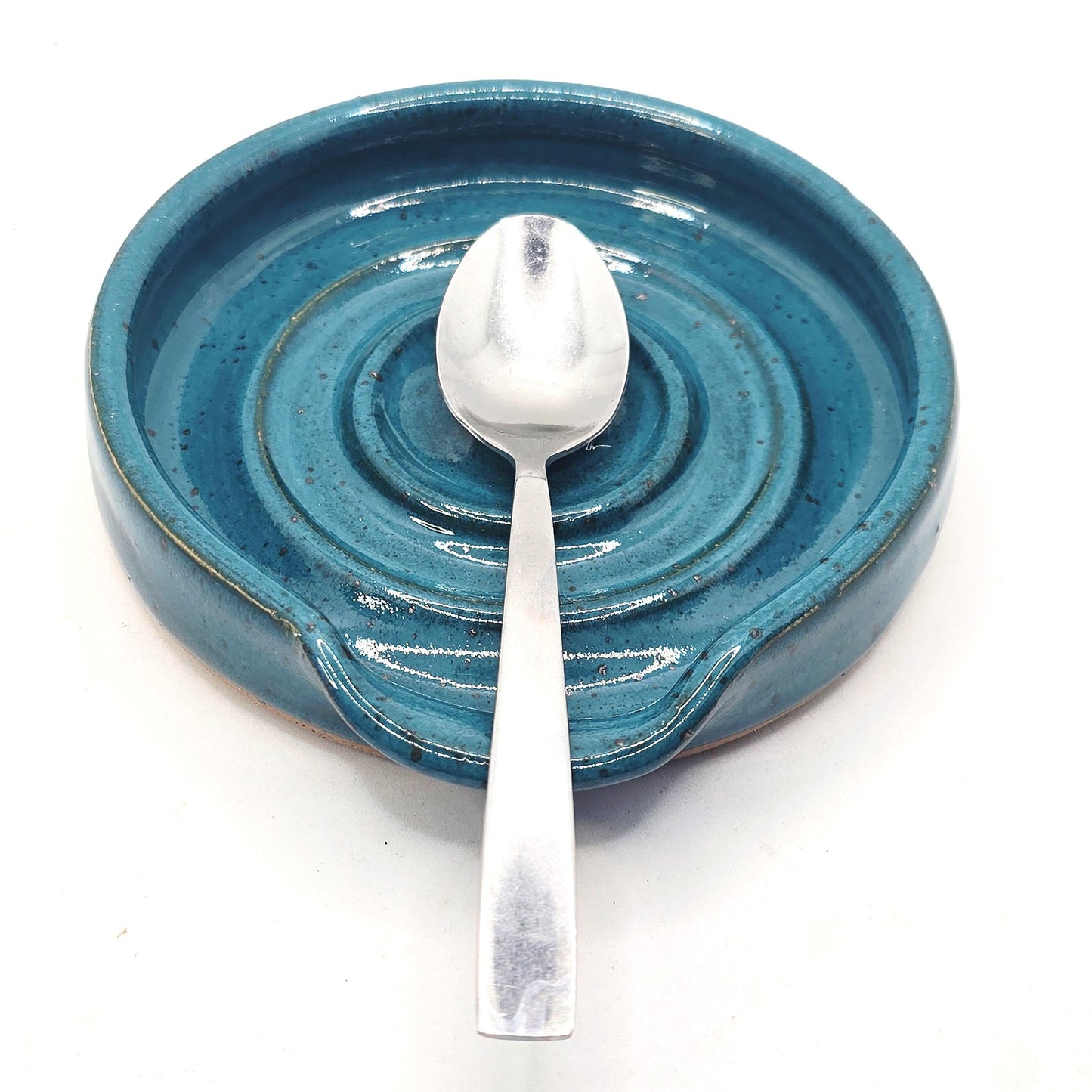 Handmade Ceramic Spoon Rest - Deep Turquoise Blue Speckled Glaze. Toasty Stoneware Pottery