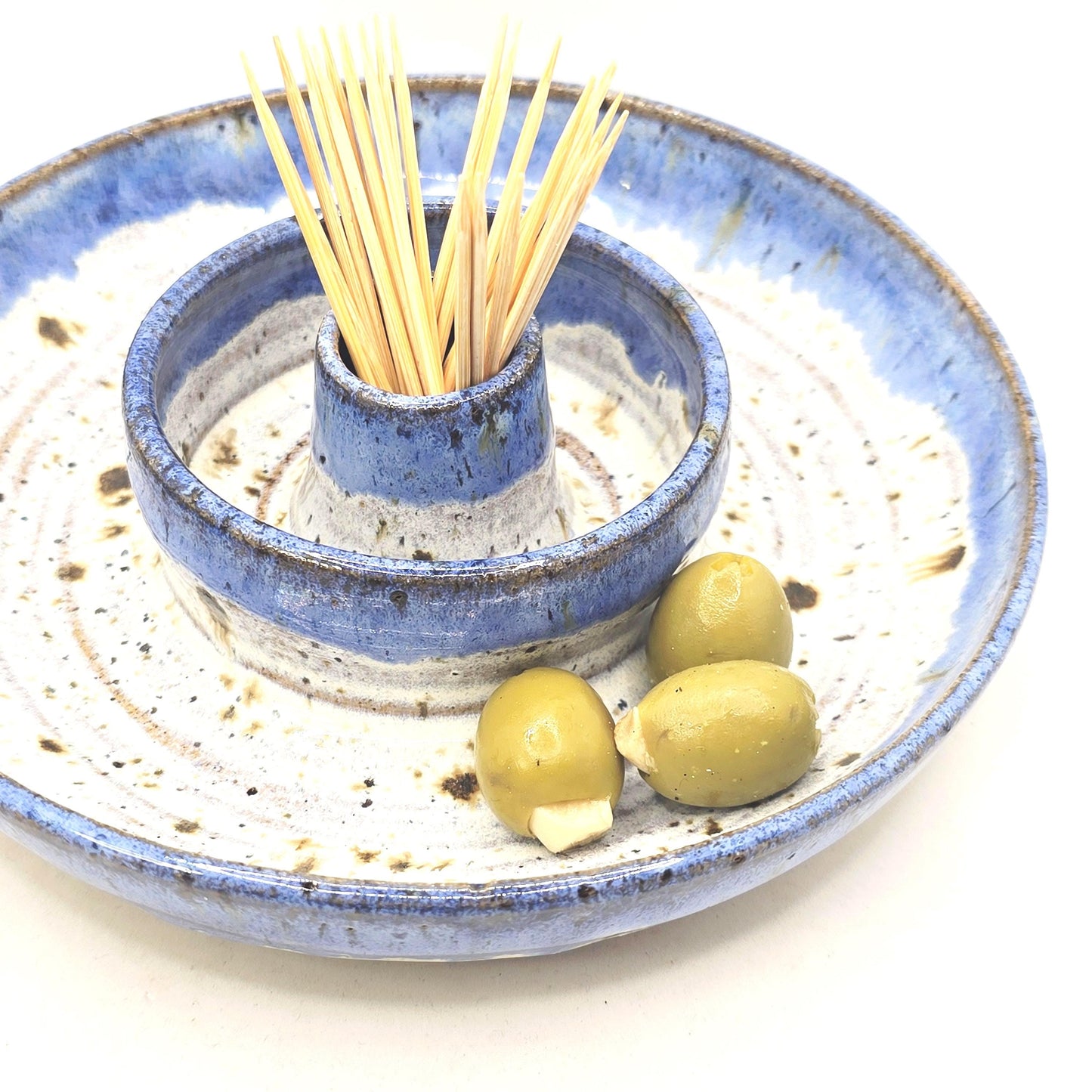 Handmade Stoneware Olive Dish – Speckled Lavender Blue Glaze, Toasty Flecked Clay