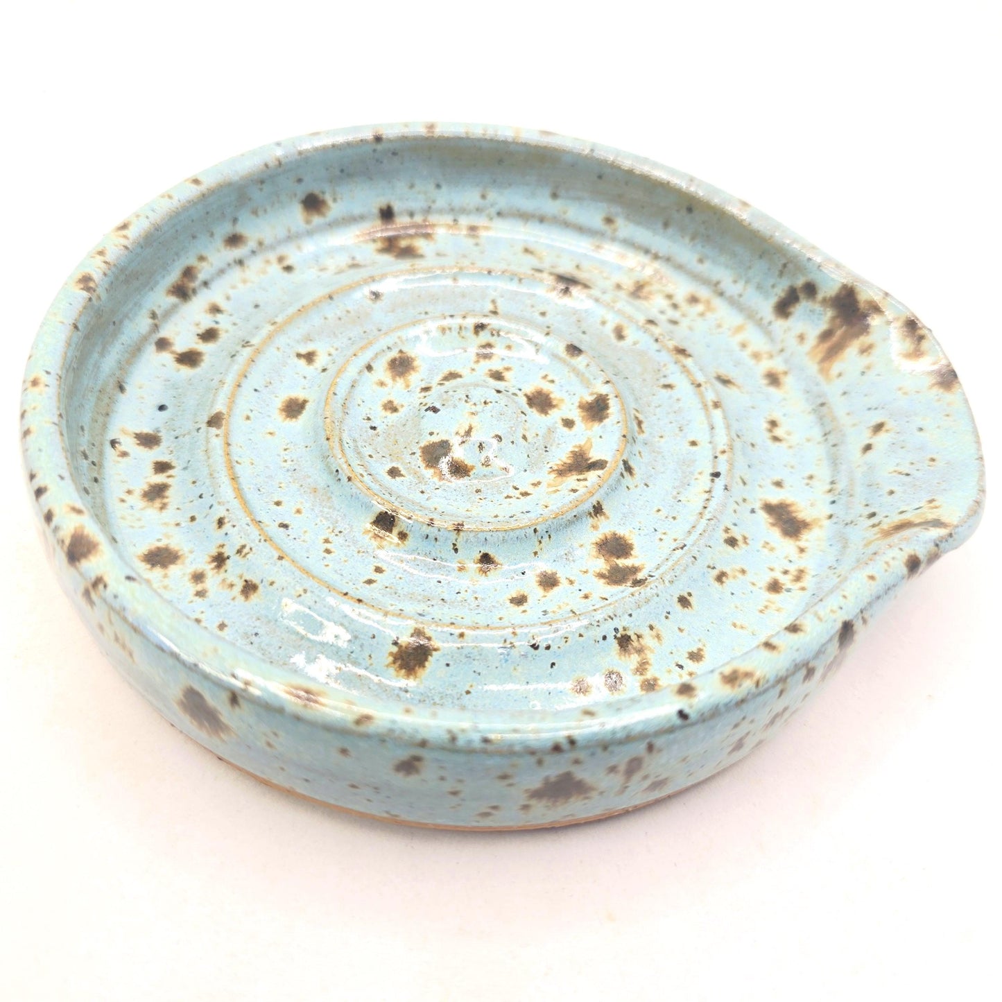 Handmade Ceramic Spoon Rest - Blue Speckled Glaze, Toasty Stoneware Pottery.
