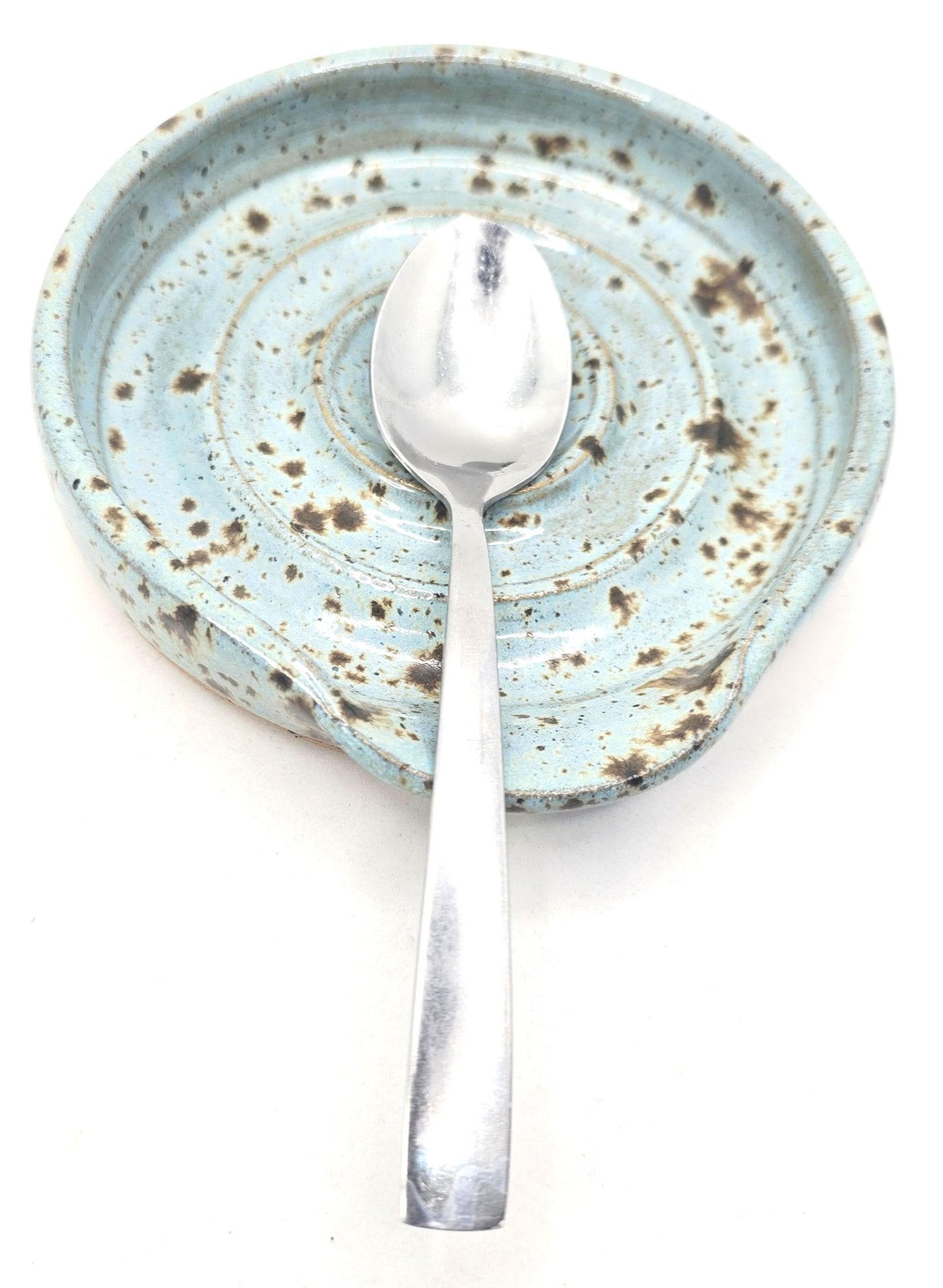 Handmade Ceramic Spoon Rest - Blue Speckled Glaze, Toasty Stoneware Pottery.